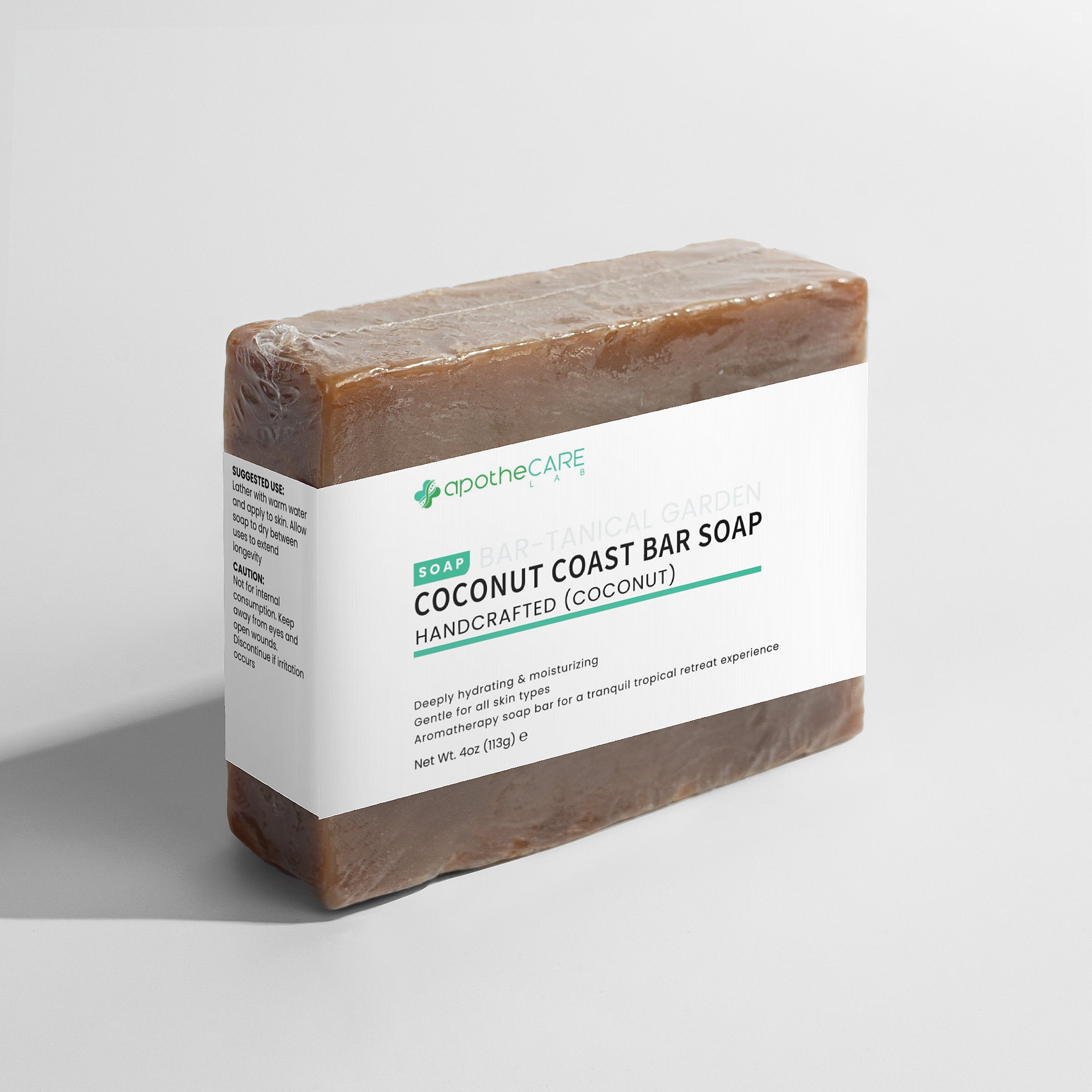 Coconut Coast Bar Soap with apotheCARE branding on a light gray background
