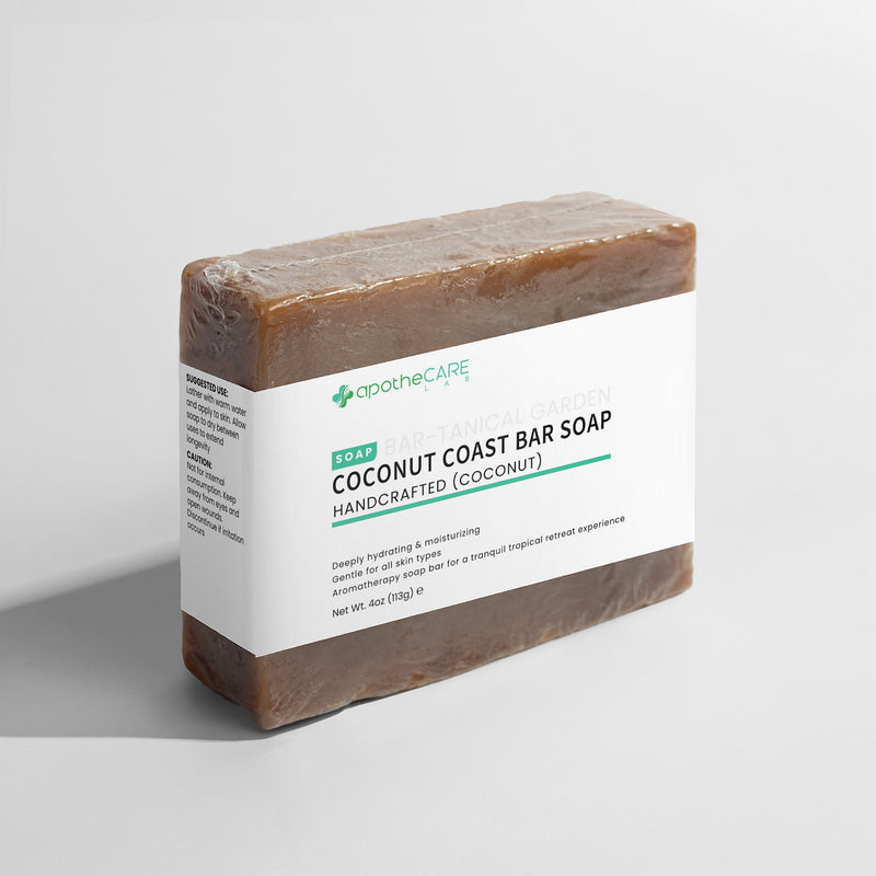 Coconut Coast Bar Soap with apotheCARE branding on a light gray background