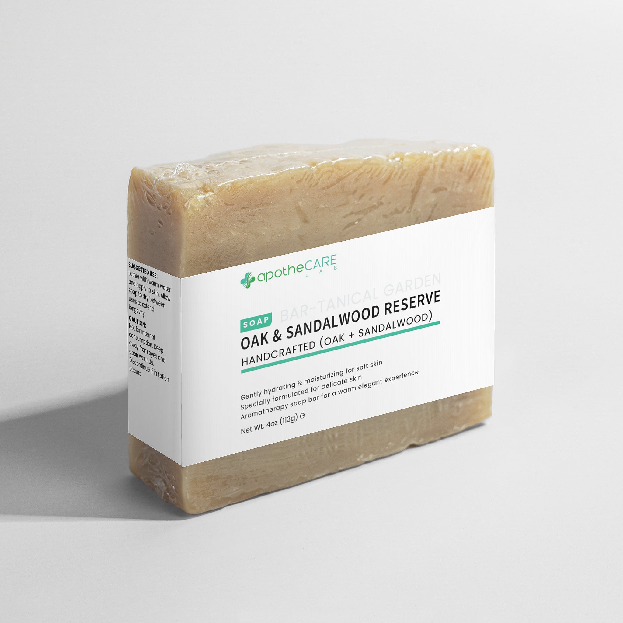 Bar of soap with a white label on a light gray background