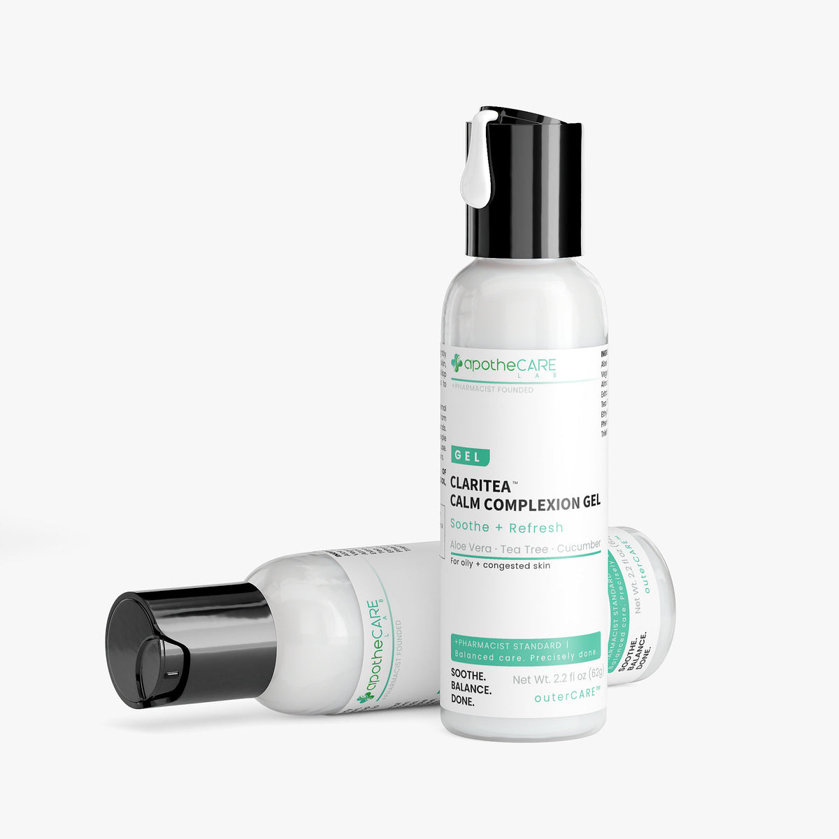 Three white bottles of apothecare lab Claritea Calm Complexion Gel with black caps, arranged on a clean white background.