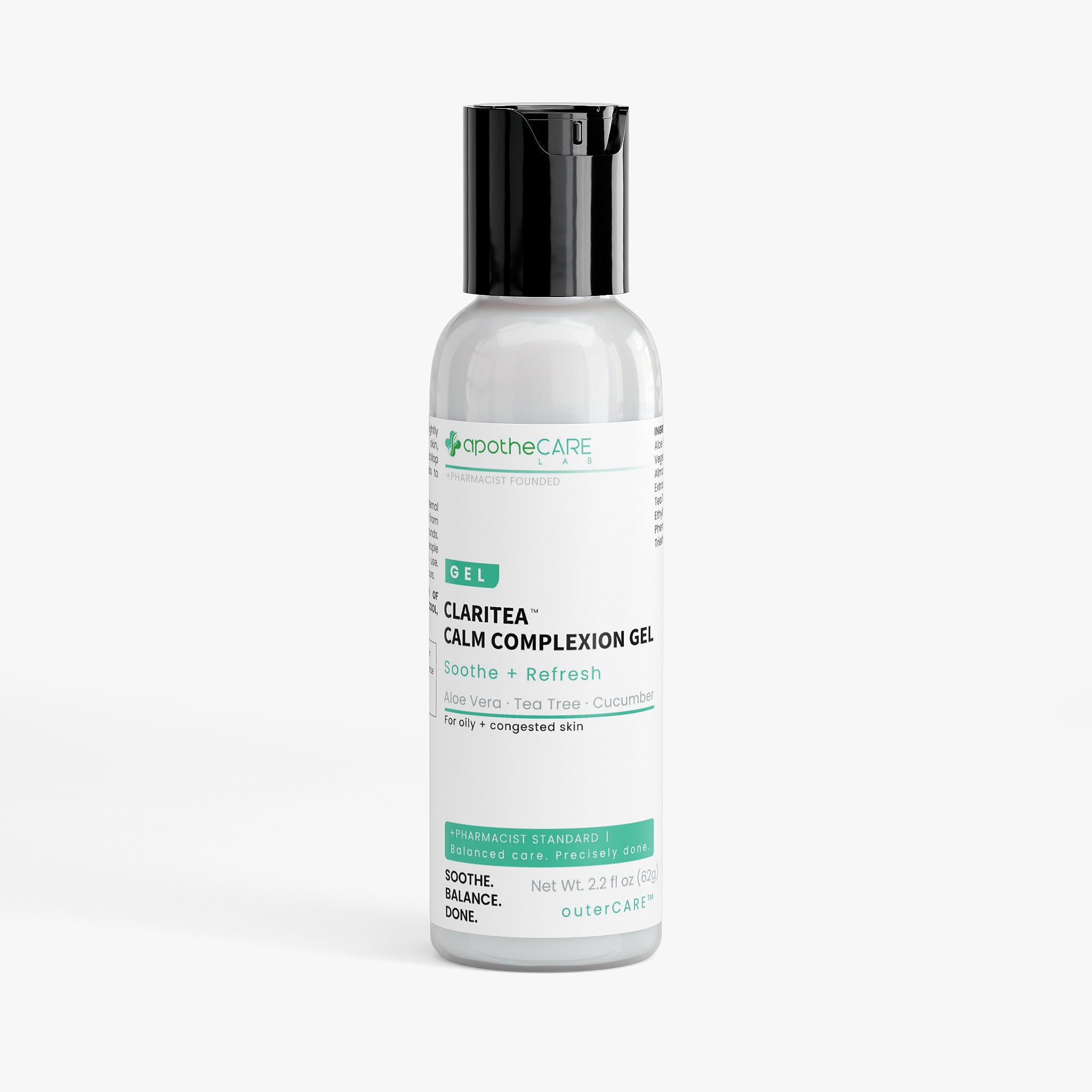 A bottle of ApotheCare Claritea Calm Complexion Gel on a clean white background. The bottle is made of frosted clear plastic, showing the gel inside, and has a black cap.