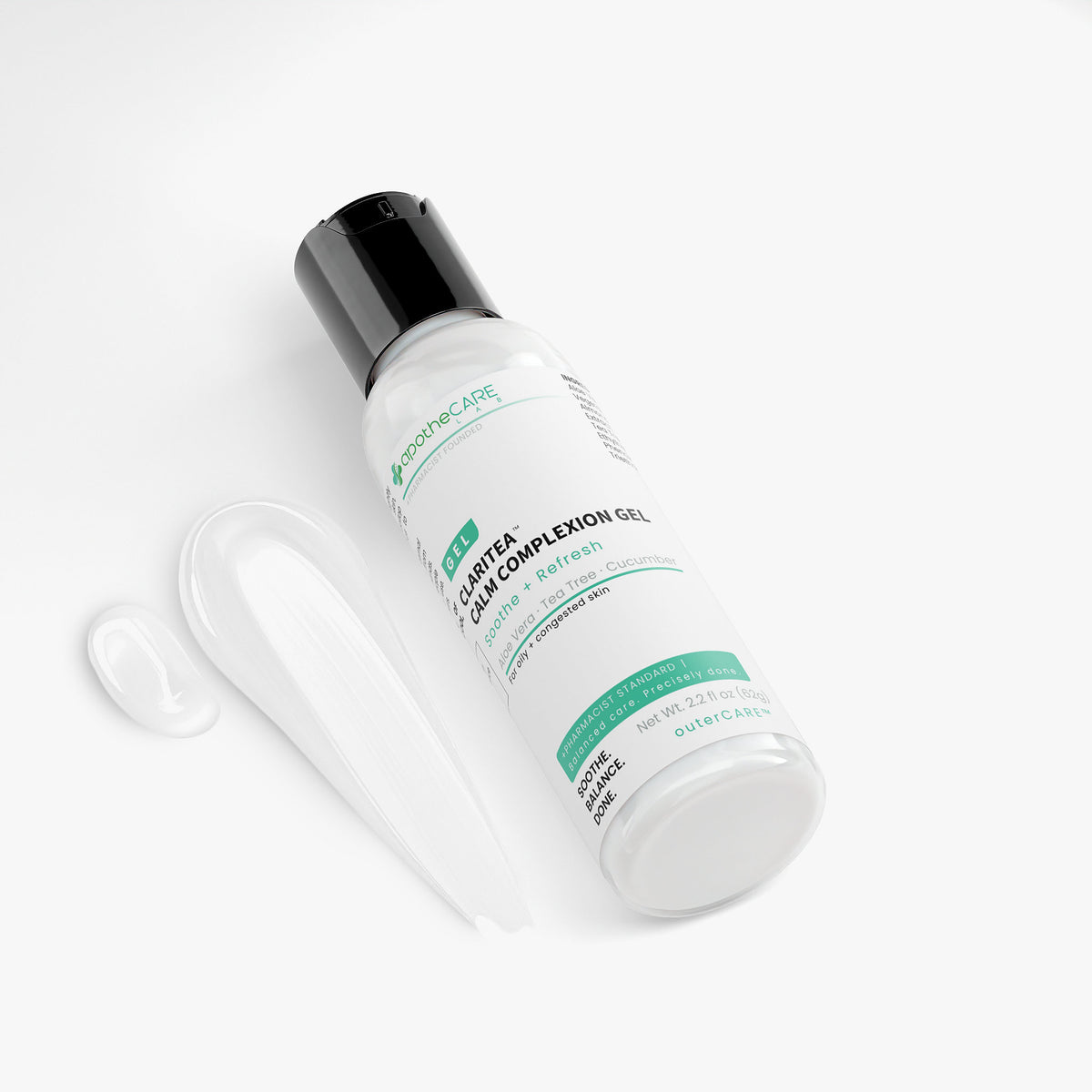 A bottle of Claritea Calm Complexion Gel with a black cap and white label, shown alongside a clear plastic dropper and a small clear gel drop on a white background.