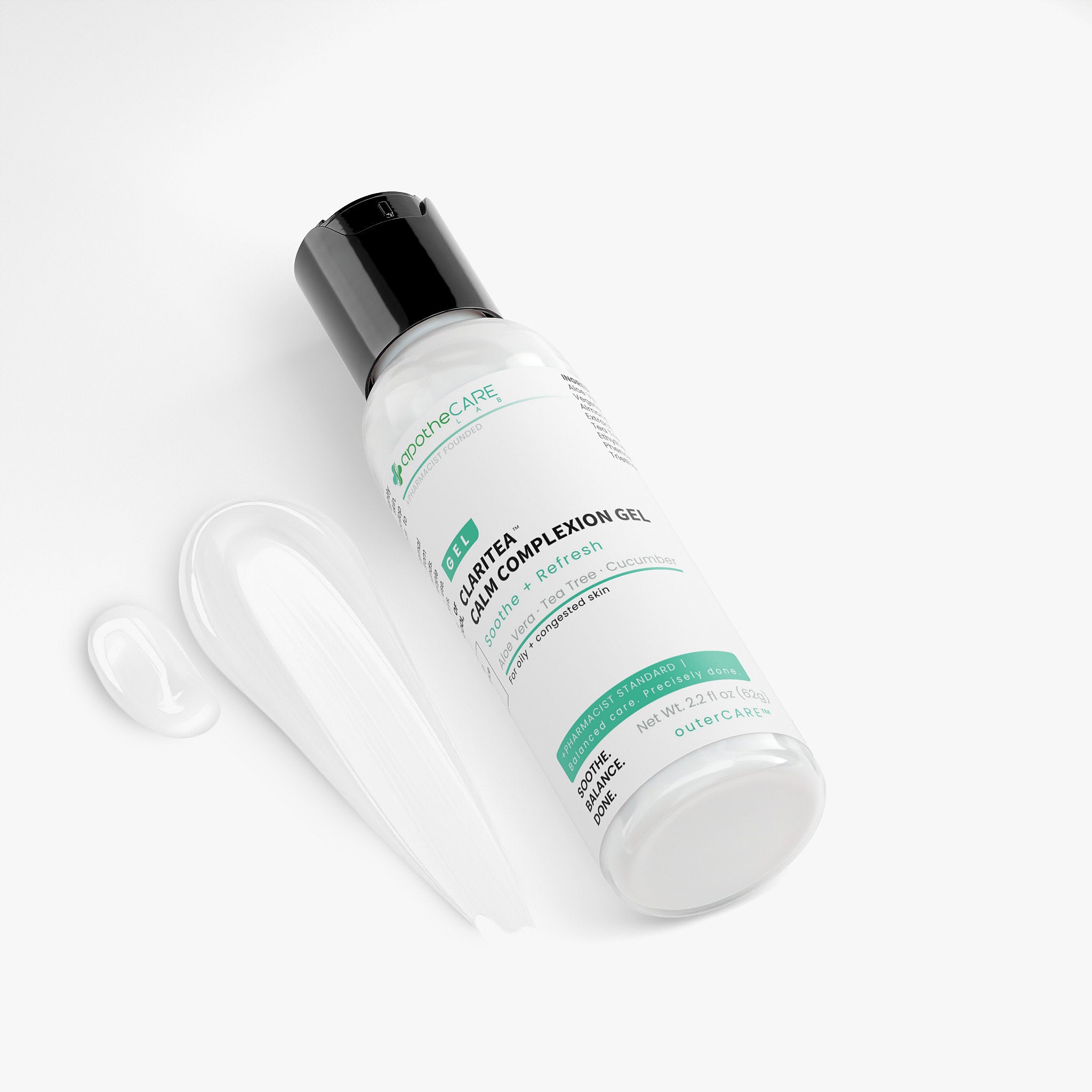 A bottle of Claritea Calm Complexion Gel with a black cap and white label, shown alongside a clear plastic dropper and a small clear gel drop on a white background.
