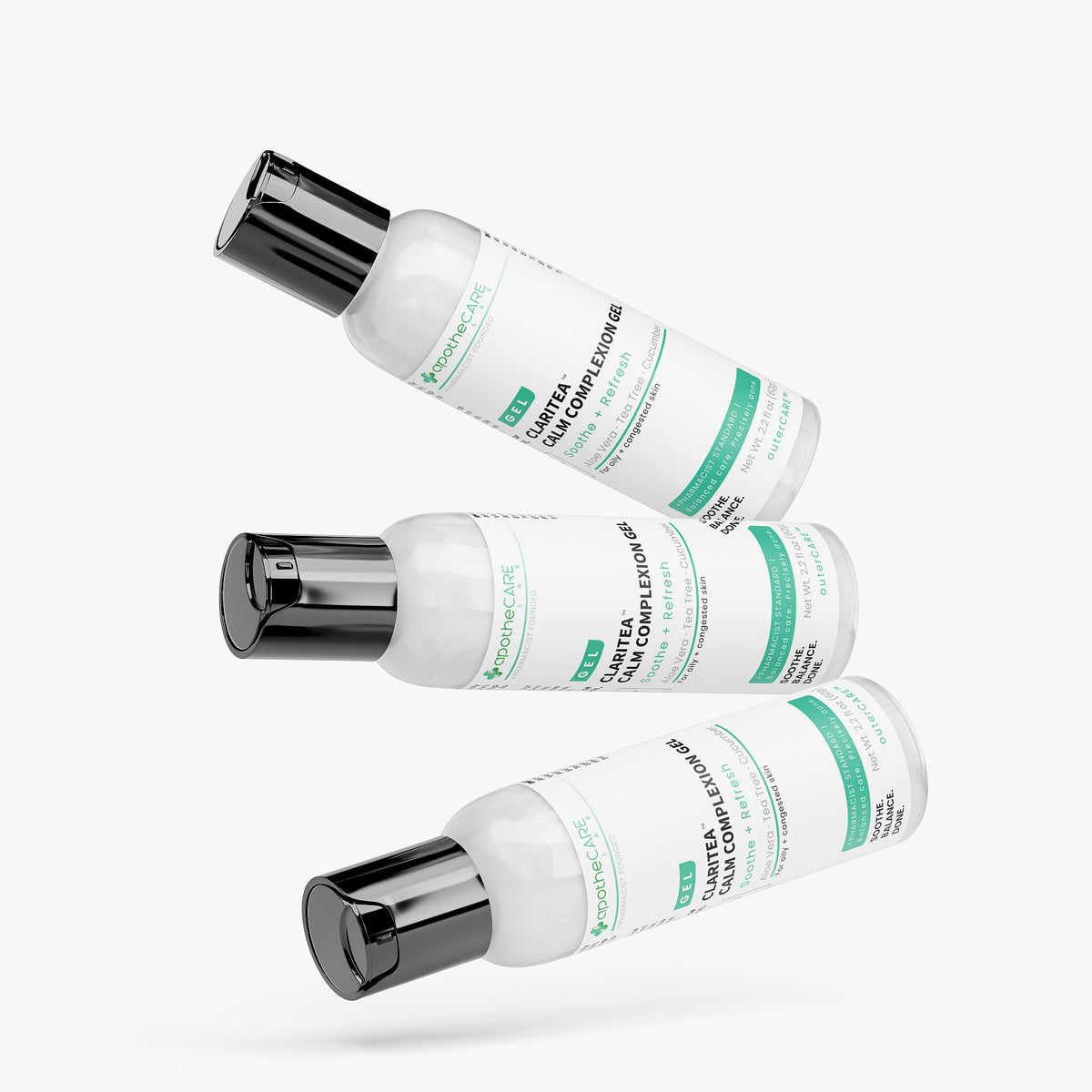 Three white bottles of Claritea Calm Complexion Gel floating diagonally against a light gray background. The bottles have black caps and white labels with green and black text.