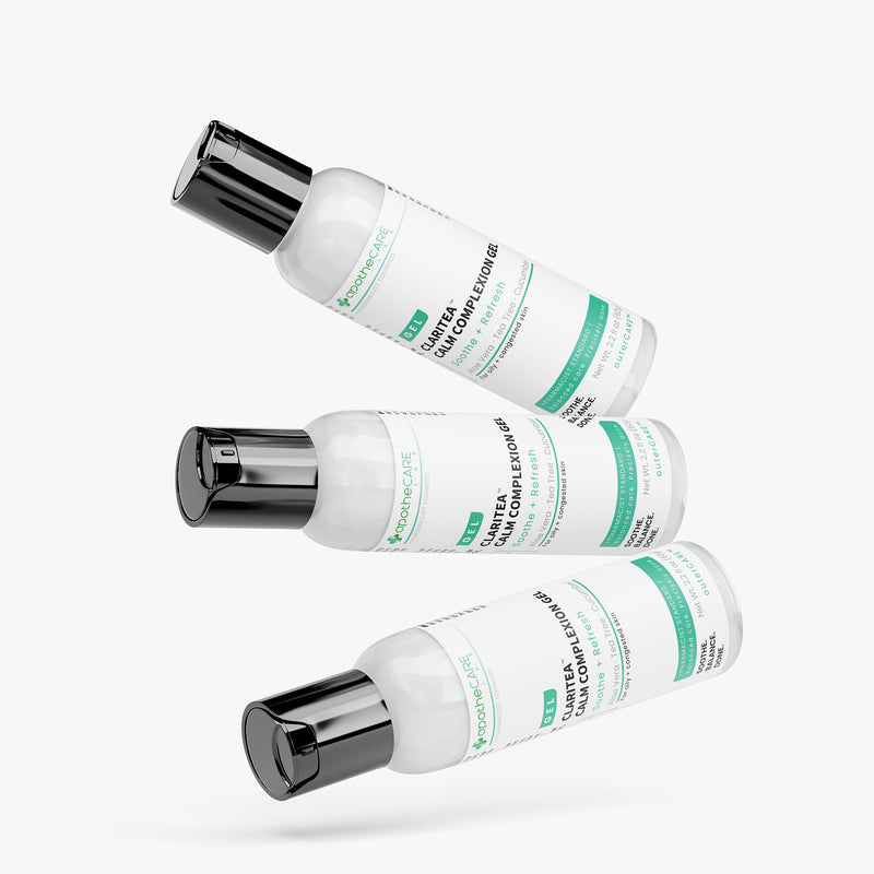 Three white bottles of Claritea Calm Complexion Gel floating diagonally against a light gray background. The bottles have black caps and white labels with green and black text.