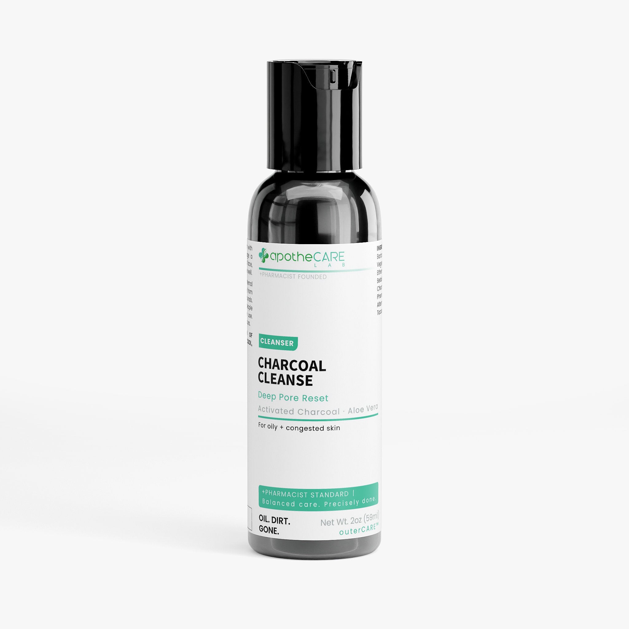 A bottle of ApotheCare Charcoal Cleanse deep pore reset facial cleanser, featuring a black bottle and cap with a white label and green accents, set against a light gray background.