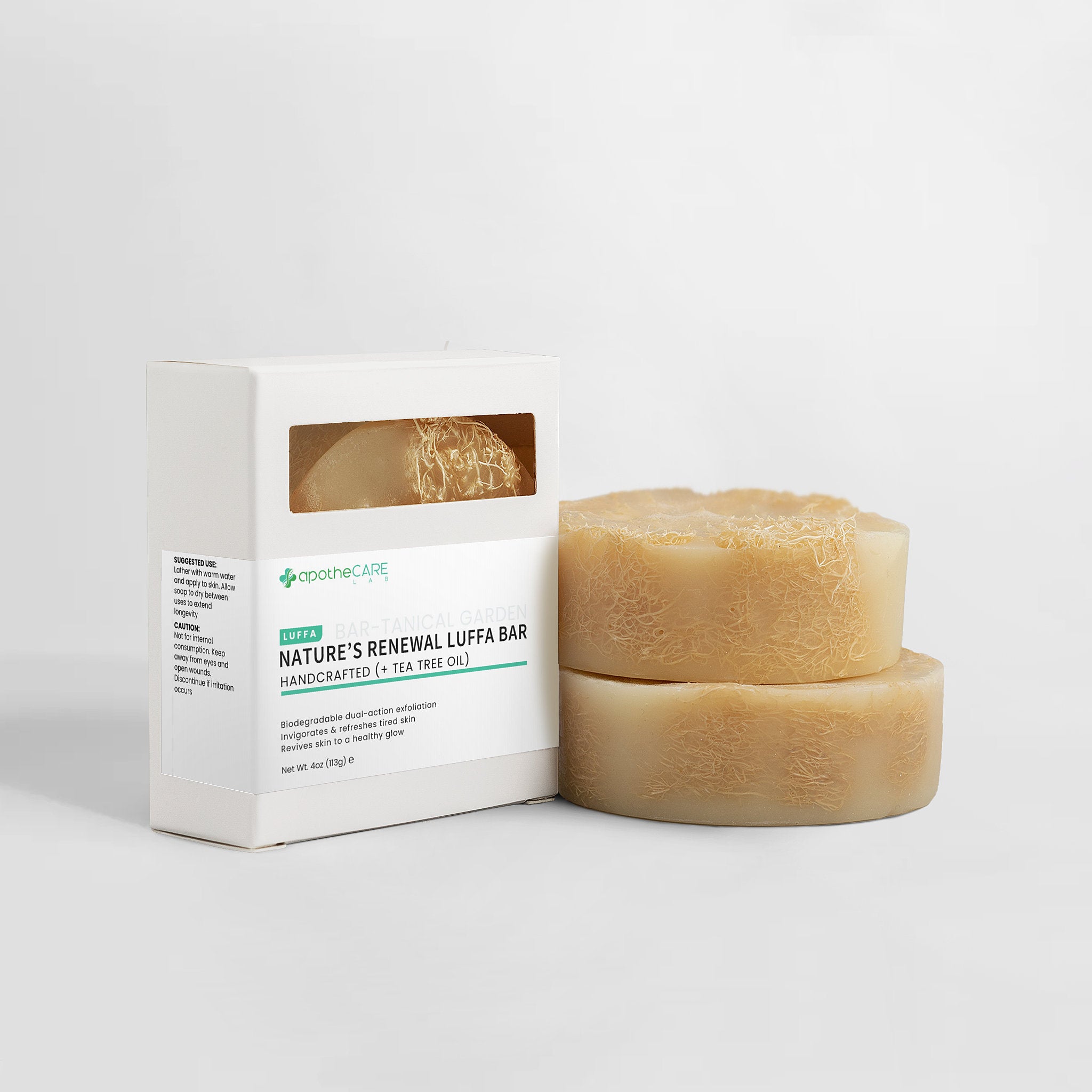 Exfoliating Luffa Bar with packaging on a white background