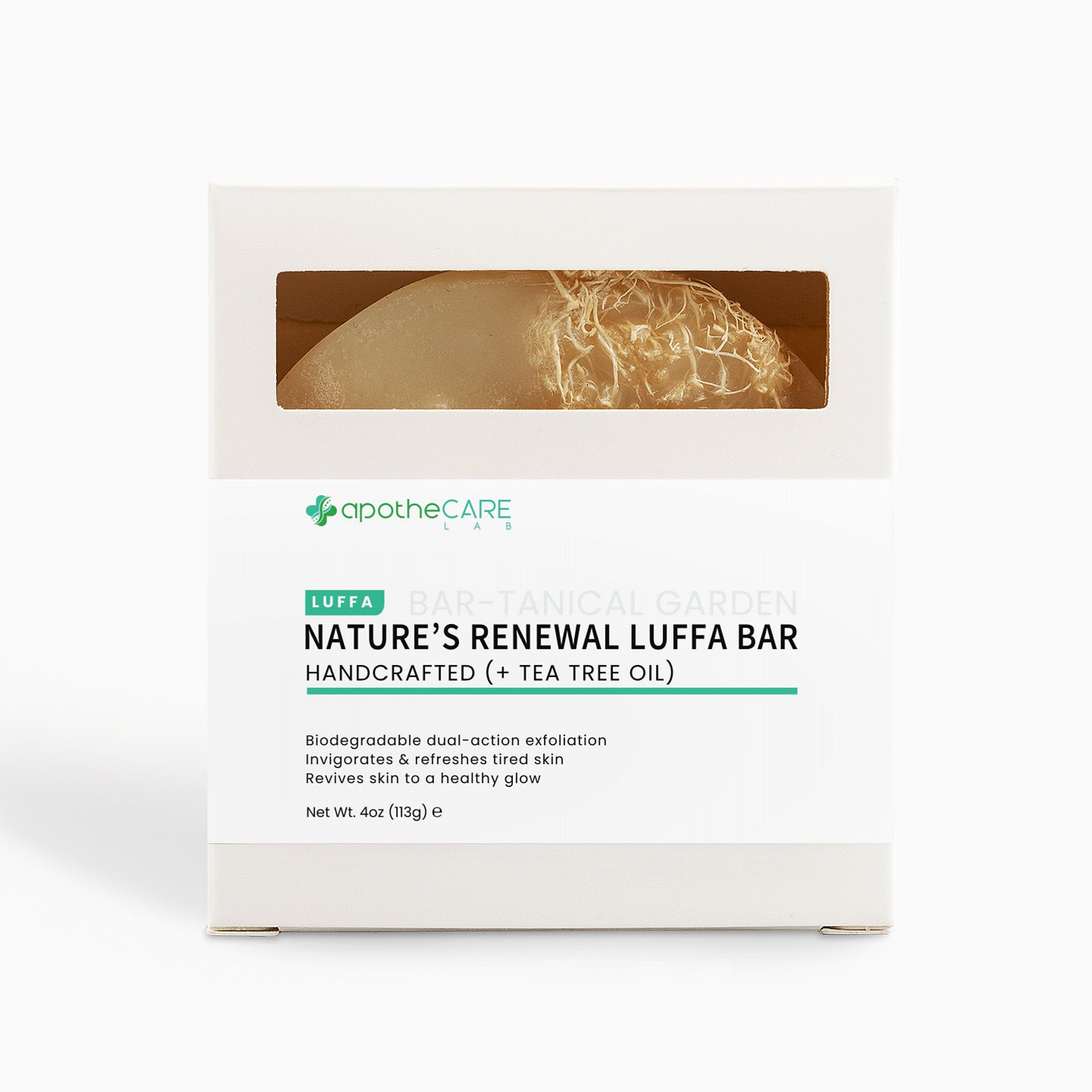 A white rectangular product box for apotheCARE LUFFA Nature's Renewal Luffa Bar, featuring a clear window showing the bar wrapped in tea tree oil, on a white background.
