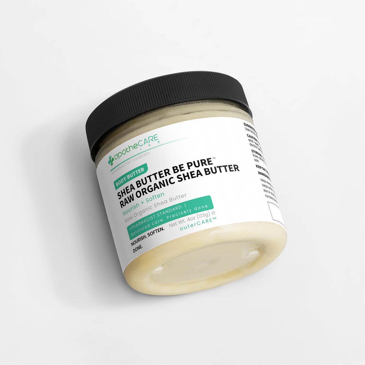 Jar of shea butter with a visible label on a white background