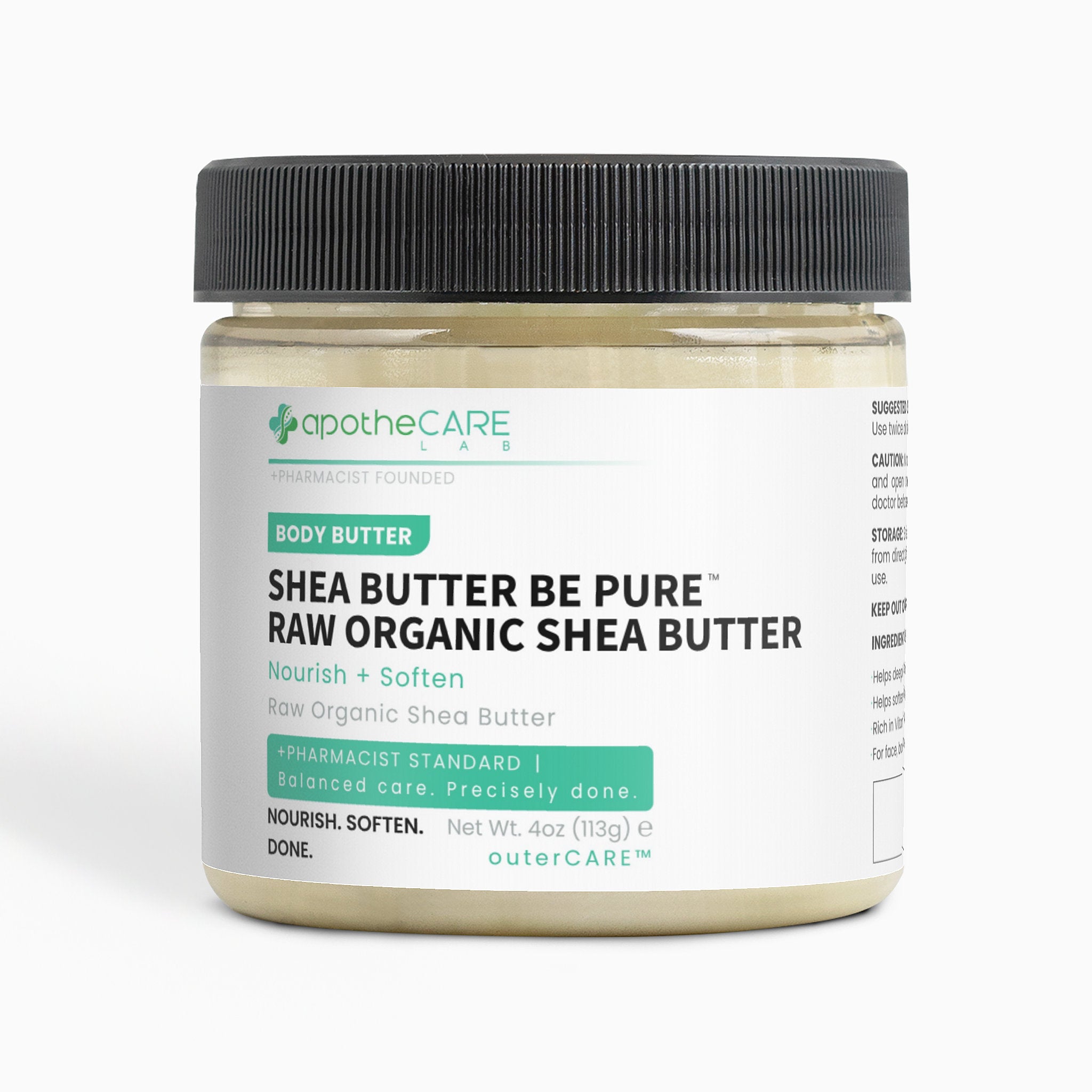 A jar of apotheCARE Body Butter raw organic shea butter with a black ribbed lid and a white label, set against a clean white background.