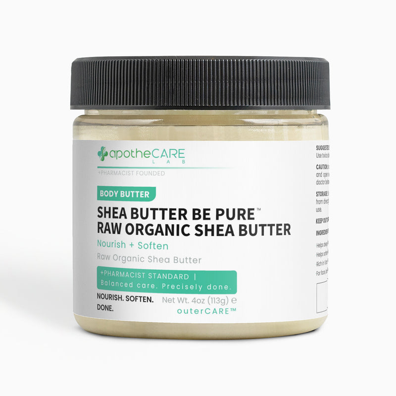 A jar of apotheCARE Body Butter raw organic shea butter with a black ribbed lid and a white label, set against a clean white background.