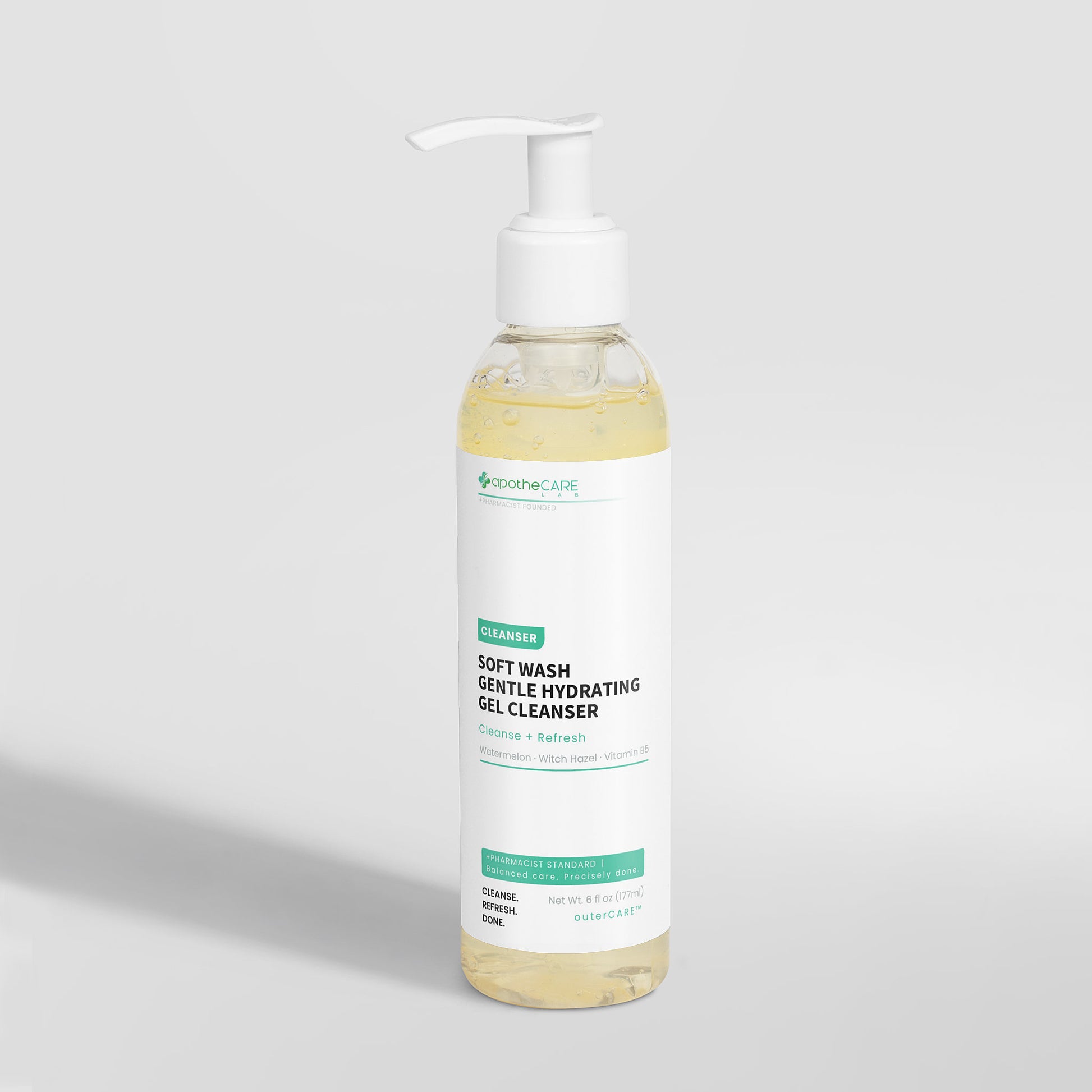 A bottle of apotheCARE LAB Soft Wash Gentle Hydrating Gel Cleanser with a white pump dispenser, set against a light gray background with a soft shadow.