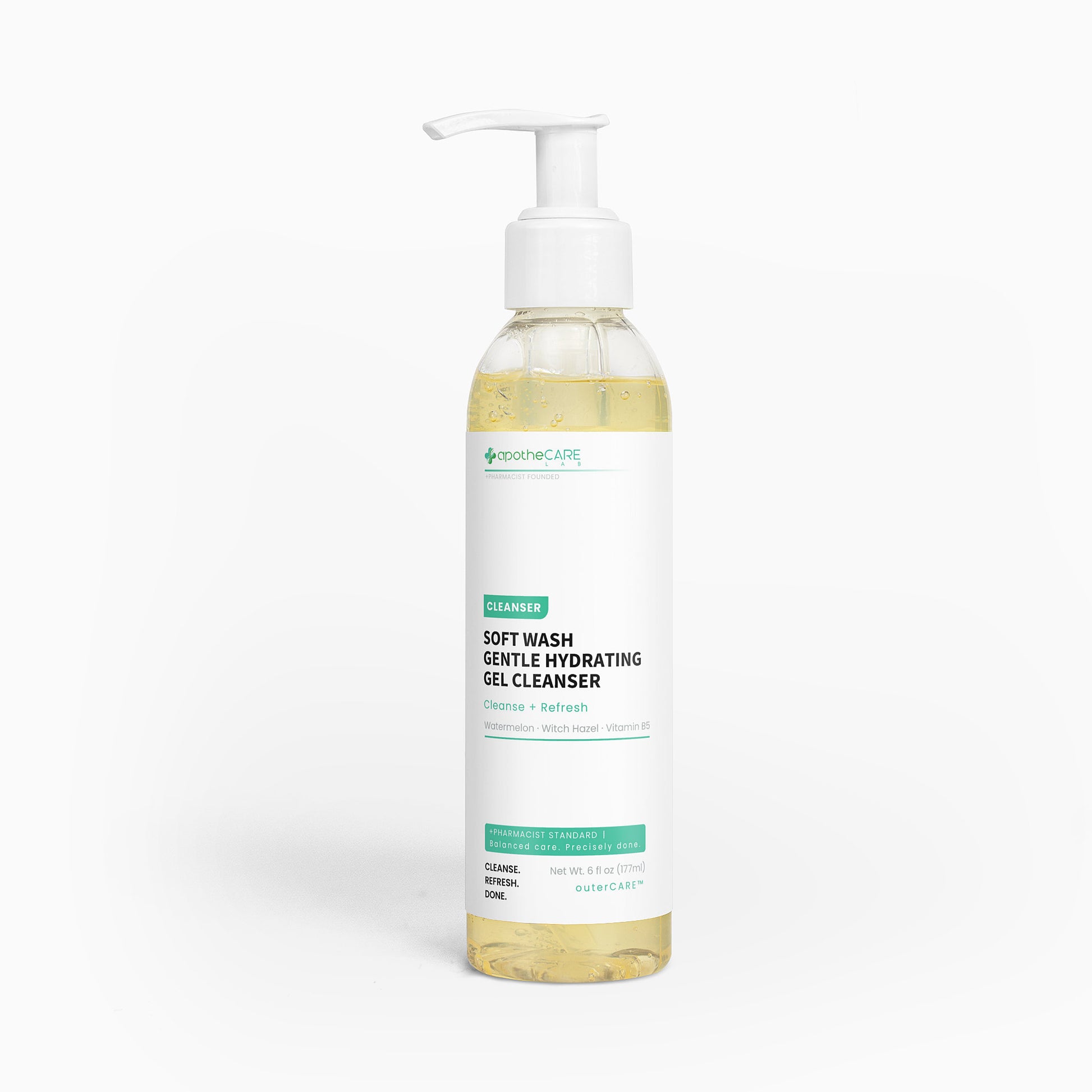 A bottle of Soft Wash Gentle Hydrating Gel Cleanser, featuring a white label and dispenser on a clean white background.