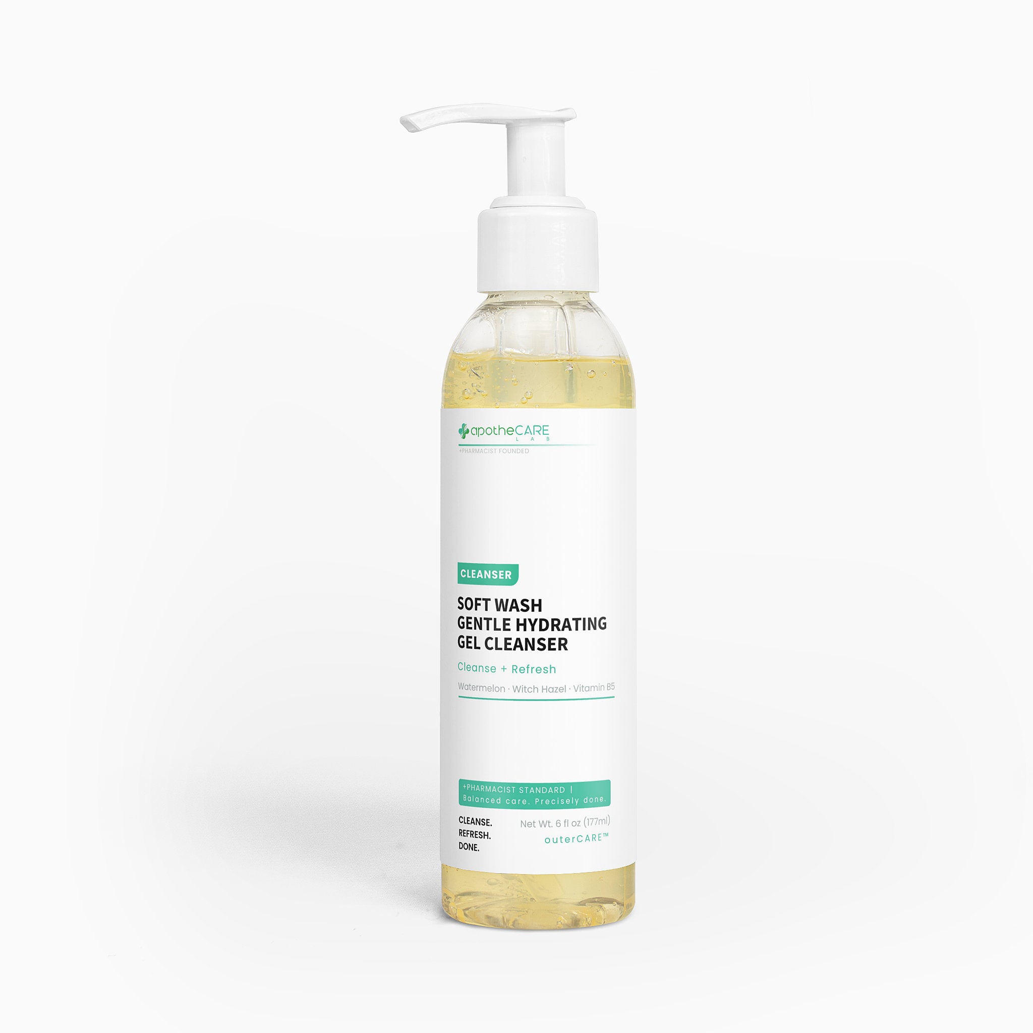 A bottle of Soft Wash Gentle Hydrating Gel Cleanser, featuring a white label and dispenser on a clean white background.