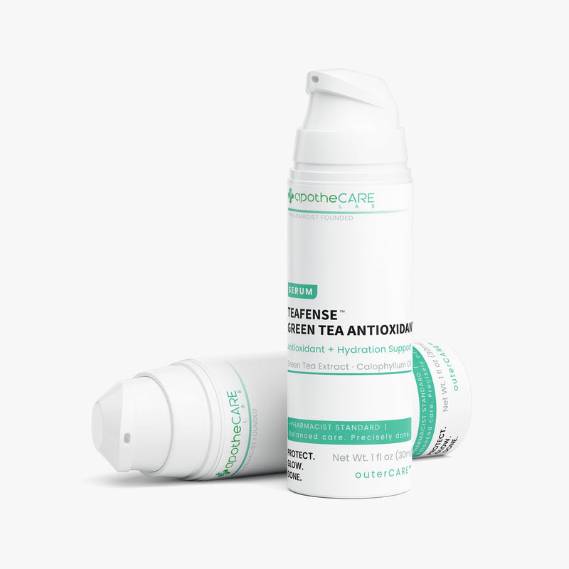 A white pump bottle of Teafense Green Tea Antioxidant serum, with one additional bottle lying down to show the cap design, on a clean white background.