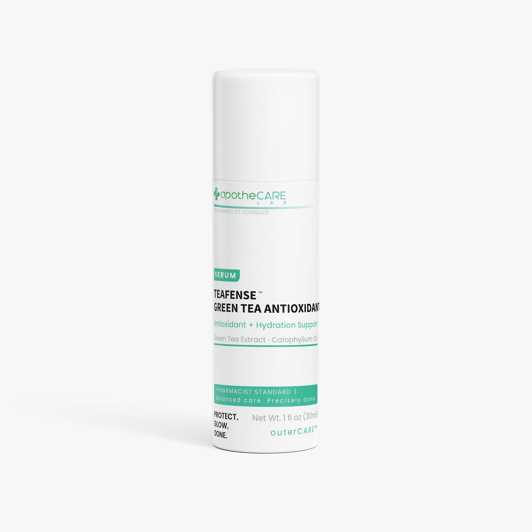 A white cylindrical bottle of OuterCare Teafense Green Tea Antioxidant serum, featuring green and black text on a clean white background.