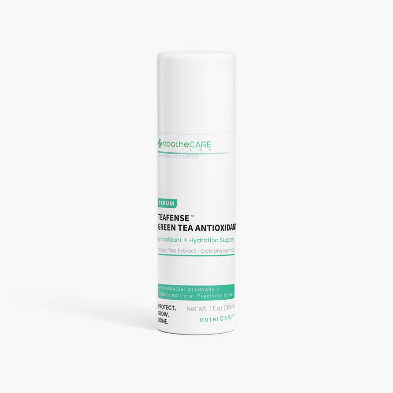 A white cylindrical bottle of OuterCare Teafense Green Tea Antioxidant serum, featuring green and black text on a clean white background.