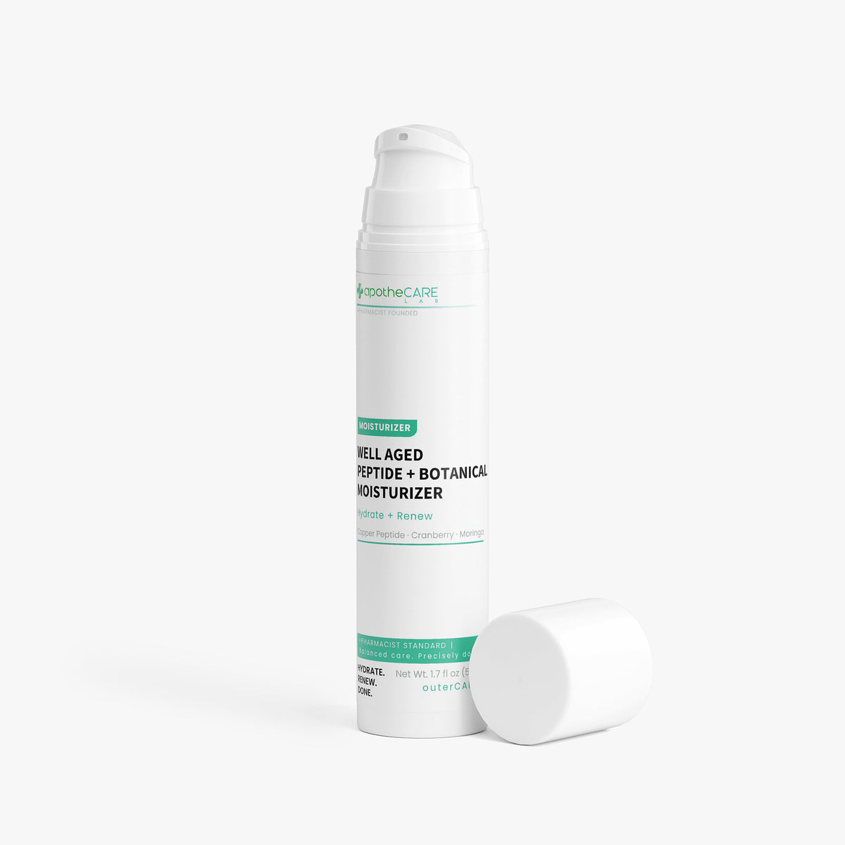 A white pump bottle of apotheCare Well-Aged Peptide + Botanical Moisturizer with its cap lying beside it on a clean white background.