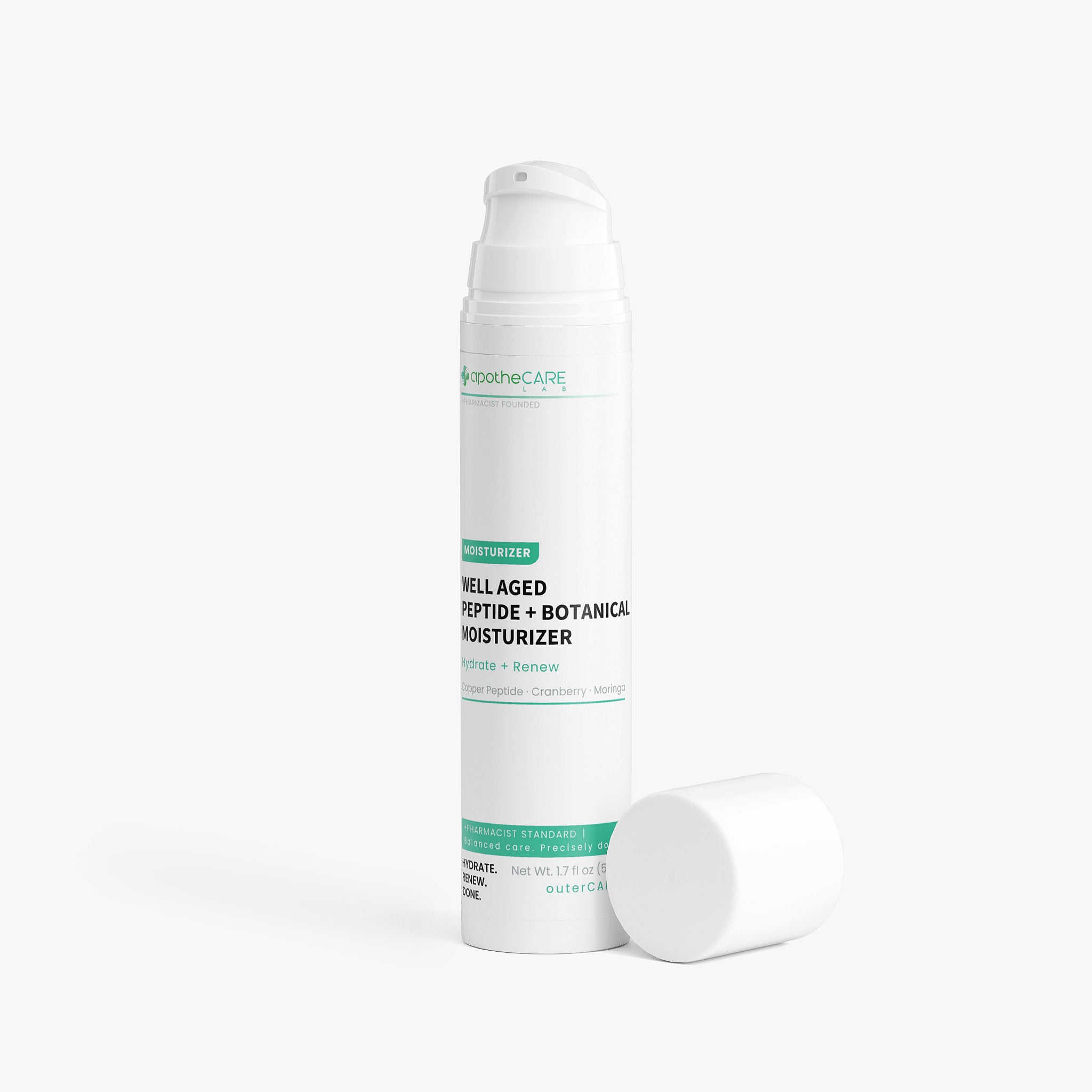 A white pump bottle of apotheCare Well-Aged Peptide + Botanical Moisturizer with its cap lying beside it on a clean white background.