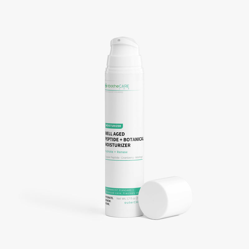 A white pump bottle of apotheCare Well-Aged Peptide + Botanical Moisturizer with its cap lying beside it on a clean white background.