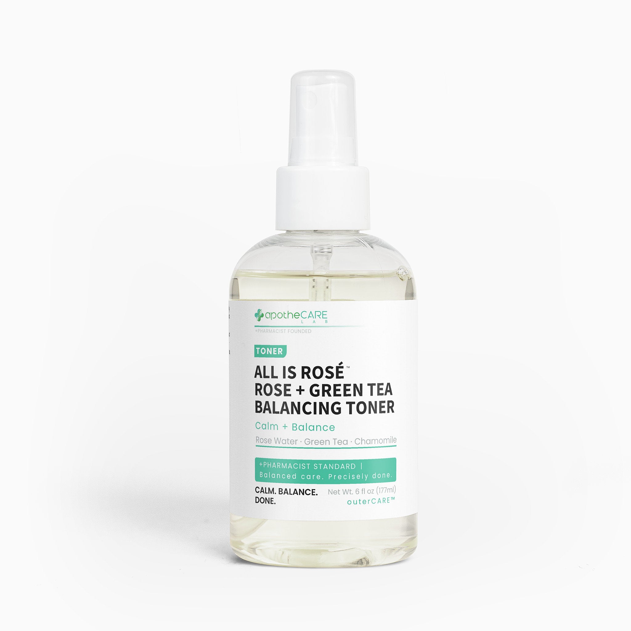 A clear plastic bottle of apotheCARE LAB All Is Rosé Rose + Green Tea Balancing Toner with a white spray pump, shown on a clean white background.
