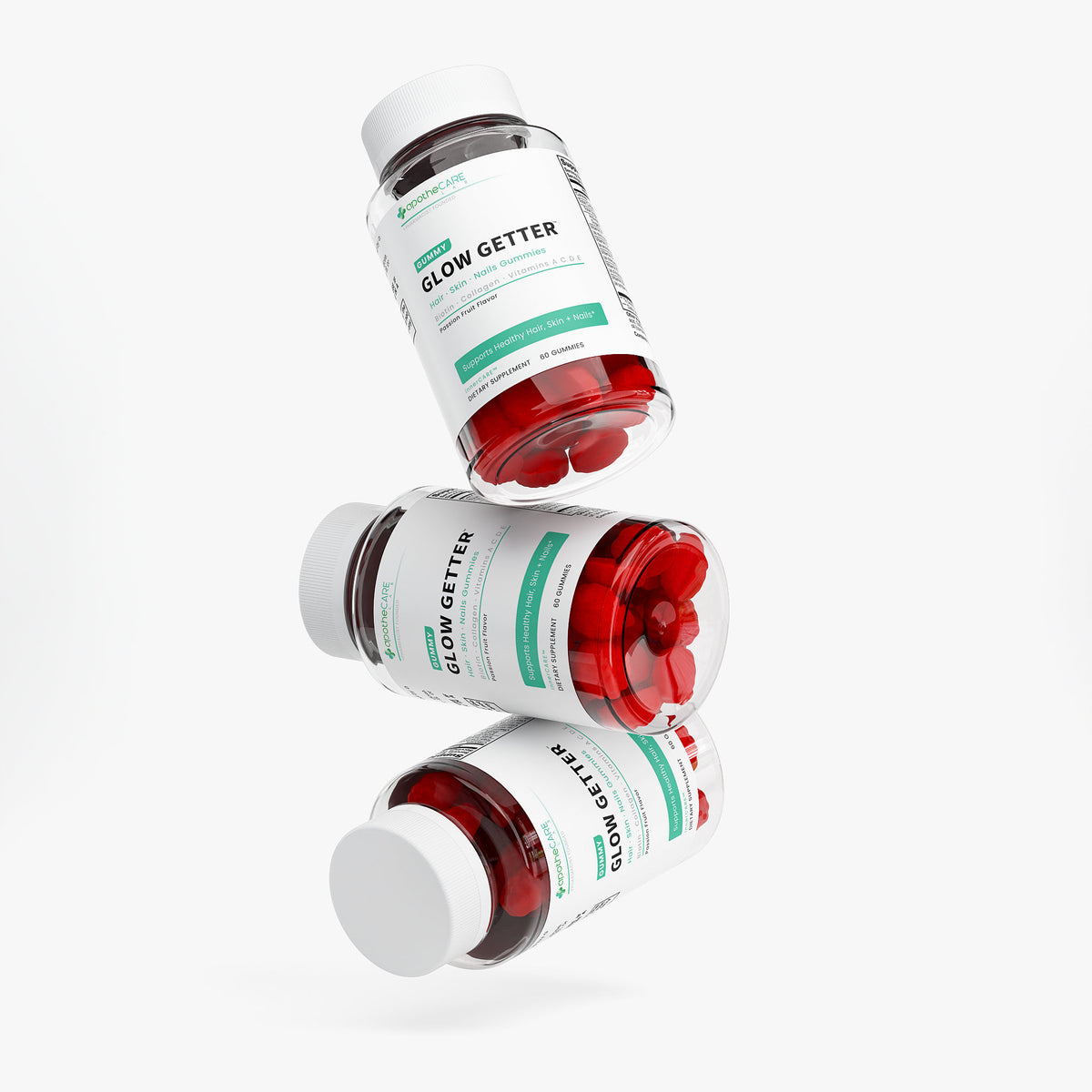 Three clear supplement bottles with white caps and white labels containing red capsules, arranged in a floating stack on a light gray background. The label text reads 'GLOW GETTER'.