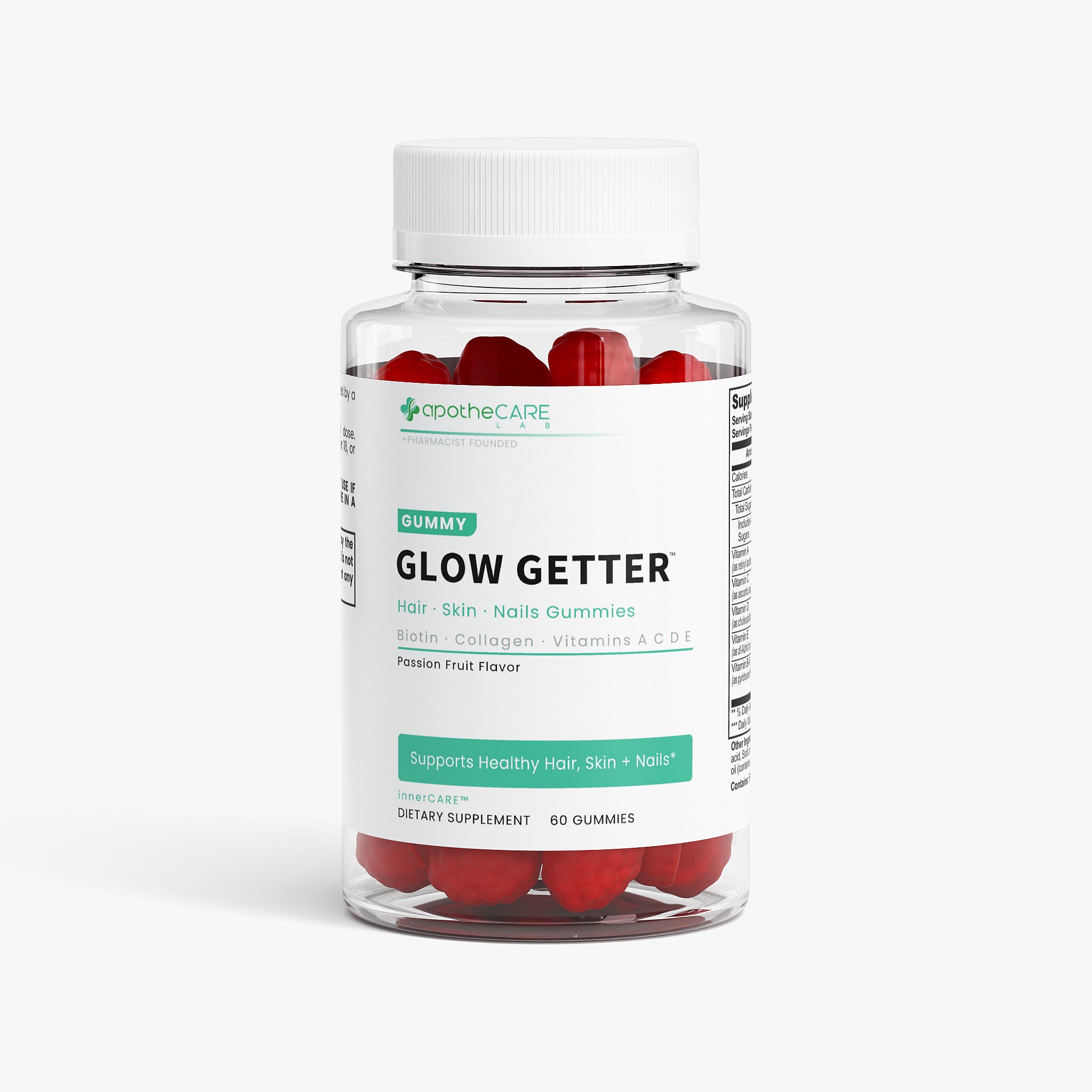 A clear plastic bottle of apotheCare Labs Glow Getter dietary supplement gummies, featuring a white cap and white label with green and black text, filled with red gummies, on a light gray background.