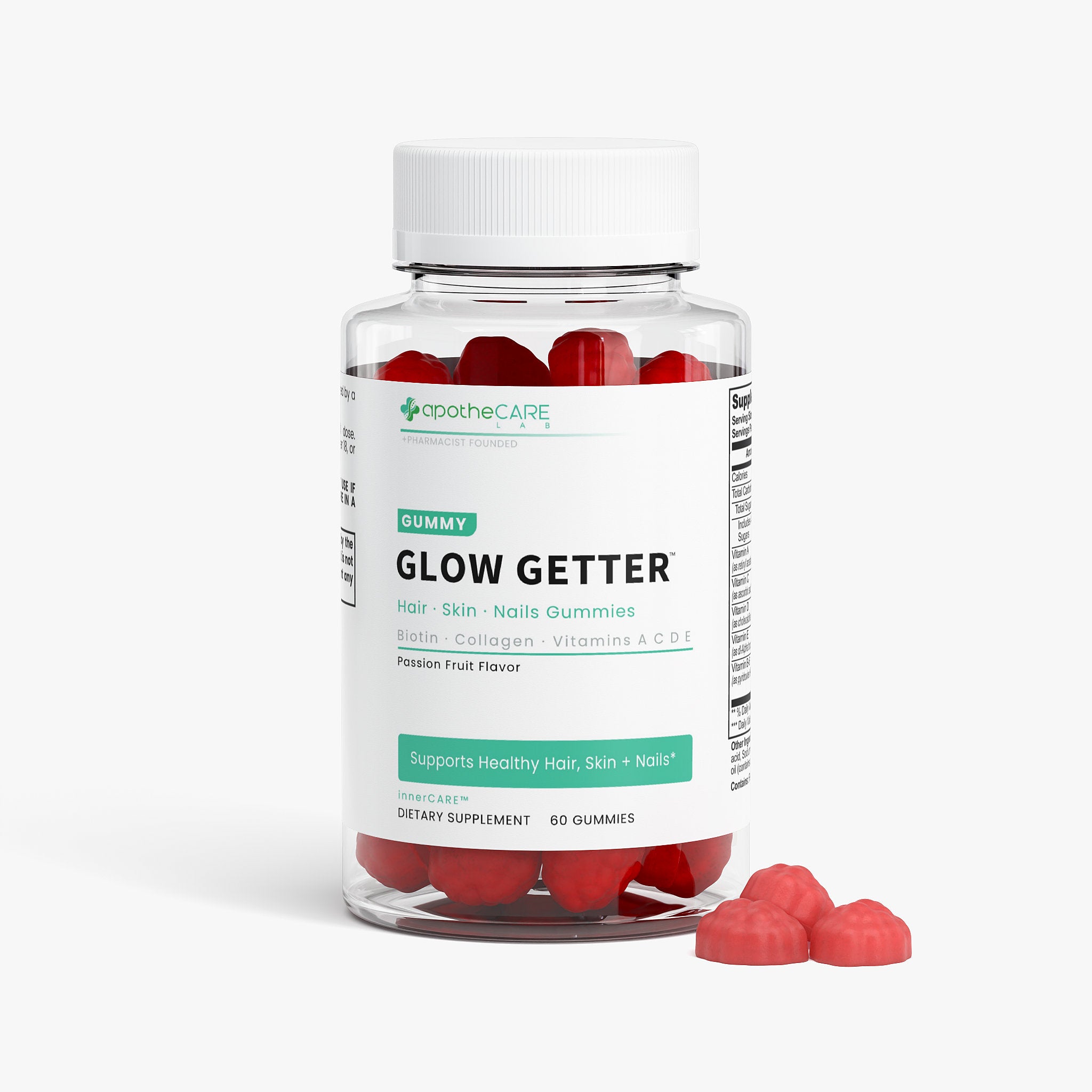 A clear plastic bottle of apotheCare Glow Getter dietary supplement gummies with a white cap and white label, shown on a light gray background with several red  gummies placed in front of the bottle.