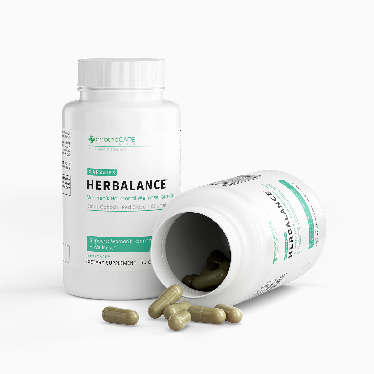 Two white supplement bottles labeled  HERBALANCE, with one standing upright and one lying on its side with capsules spilling out, on a clean white background.