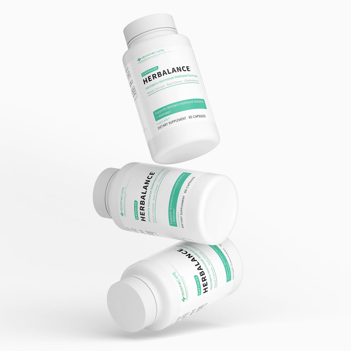 Three white Herbalance supplement bottles floating at different angles against a clean white background.