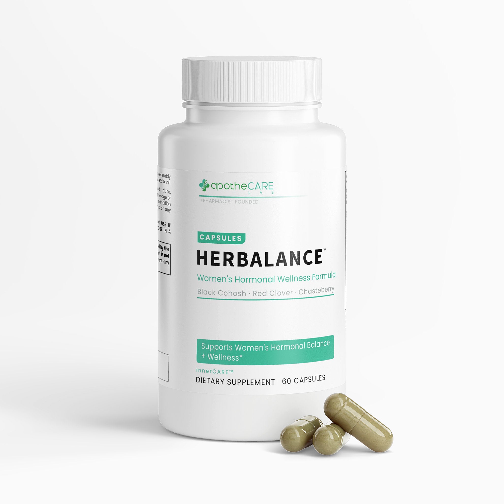 A white bottle of apotheCARE Herbalance capsules with three greenish-brown capsules placed in front on a clean white background.