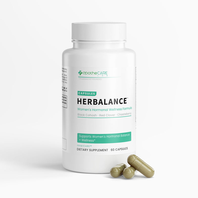 A white bottle of apotheCARE Herbalance capsules with three greenish-brown capsules placed in front on a clean white background.
