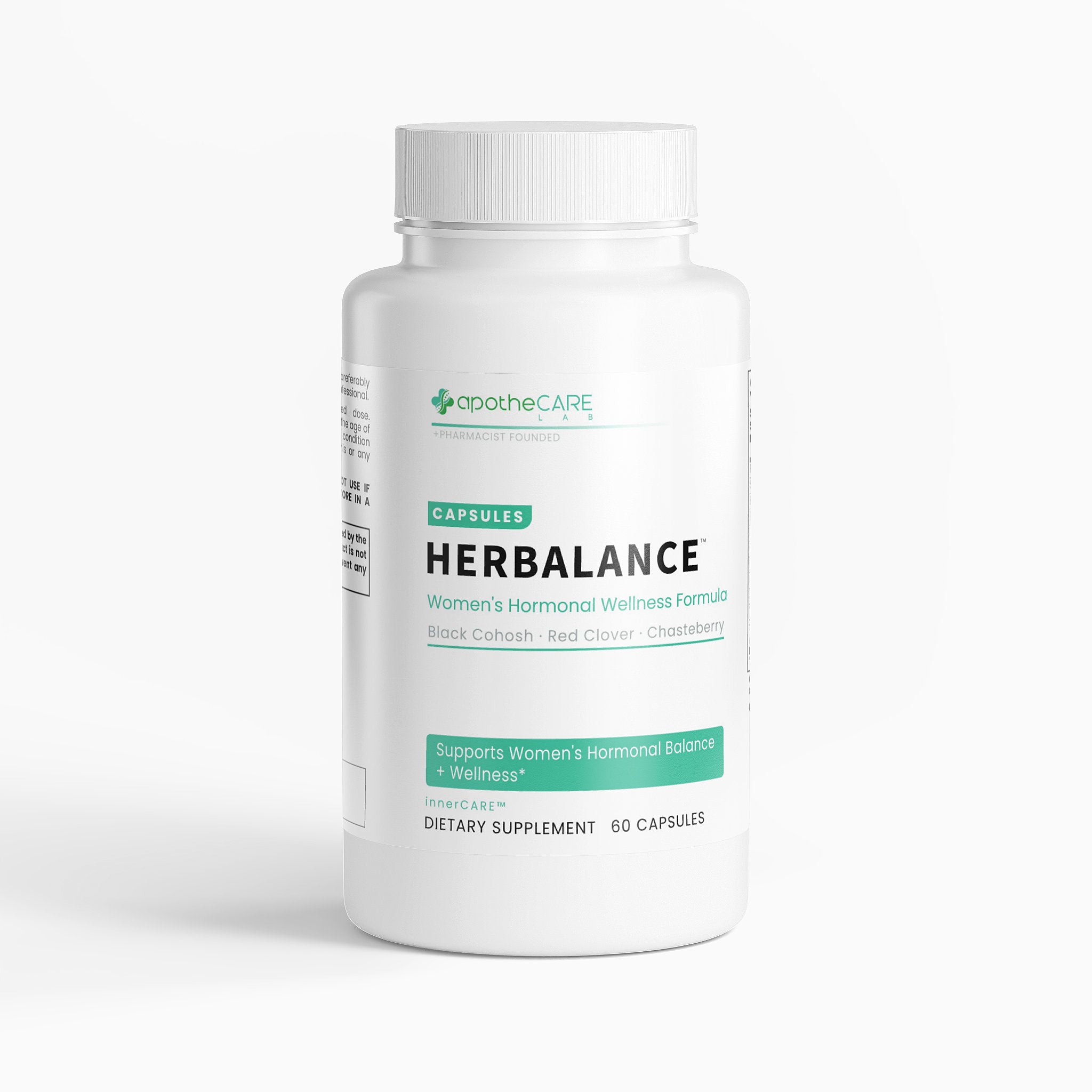 A white bottle of apotheCare HerBalance capsules, featuring a clean white label with green and black text, set against a plain white background with a soft shadow.