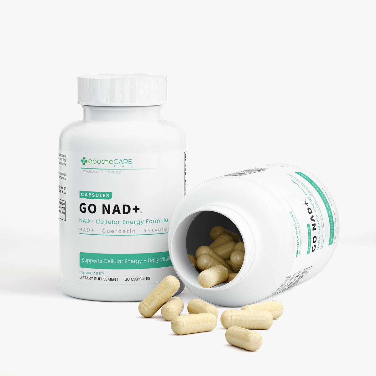 Two bottles of Go NAD+ supplements with one laying on its side with lid open showing capsules 