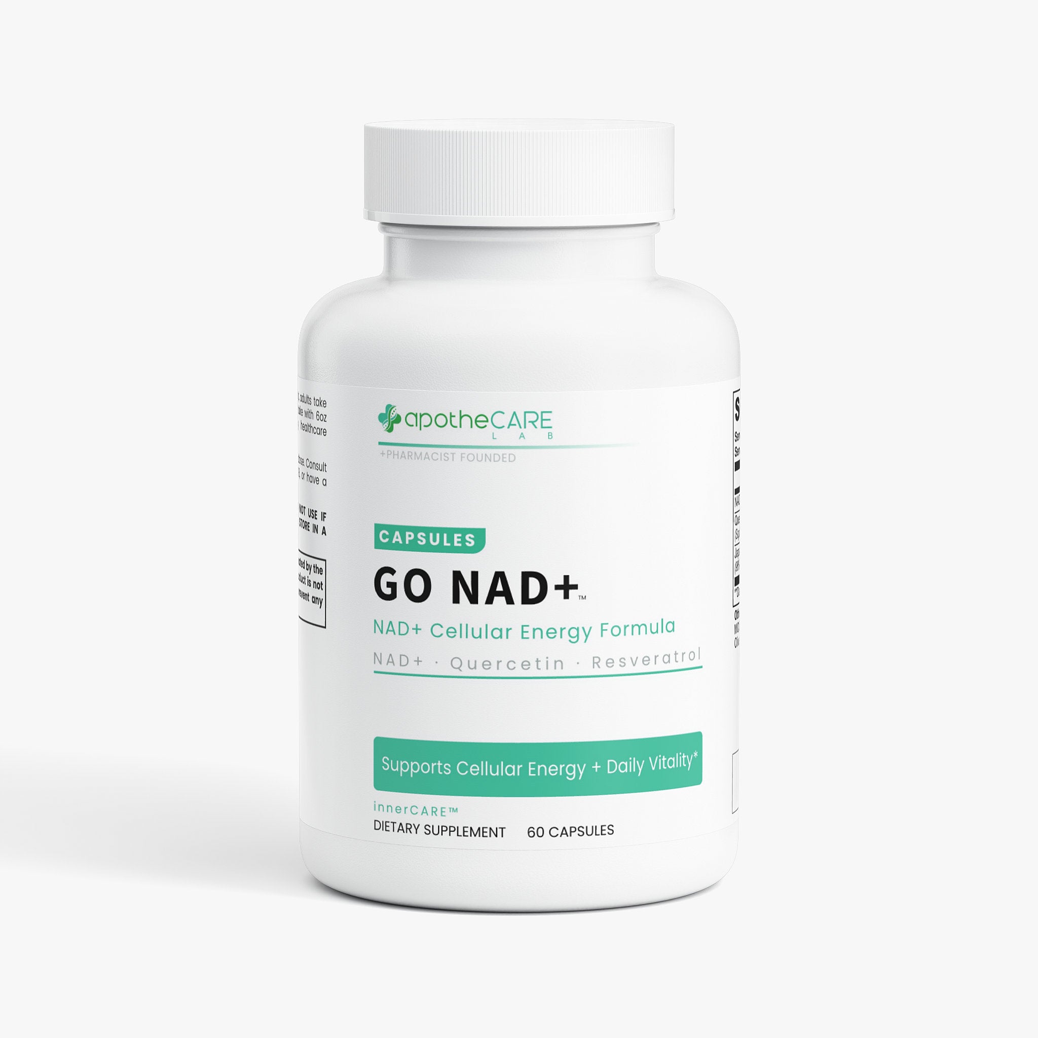 A white bottle of apotheCare GO NAD+ dietary supplement capsules, featuring a clean white label with green and black text, set against a plain white background.