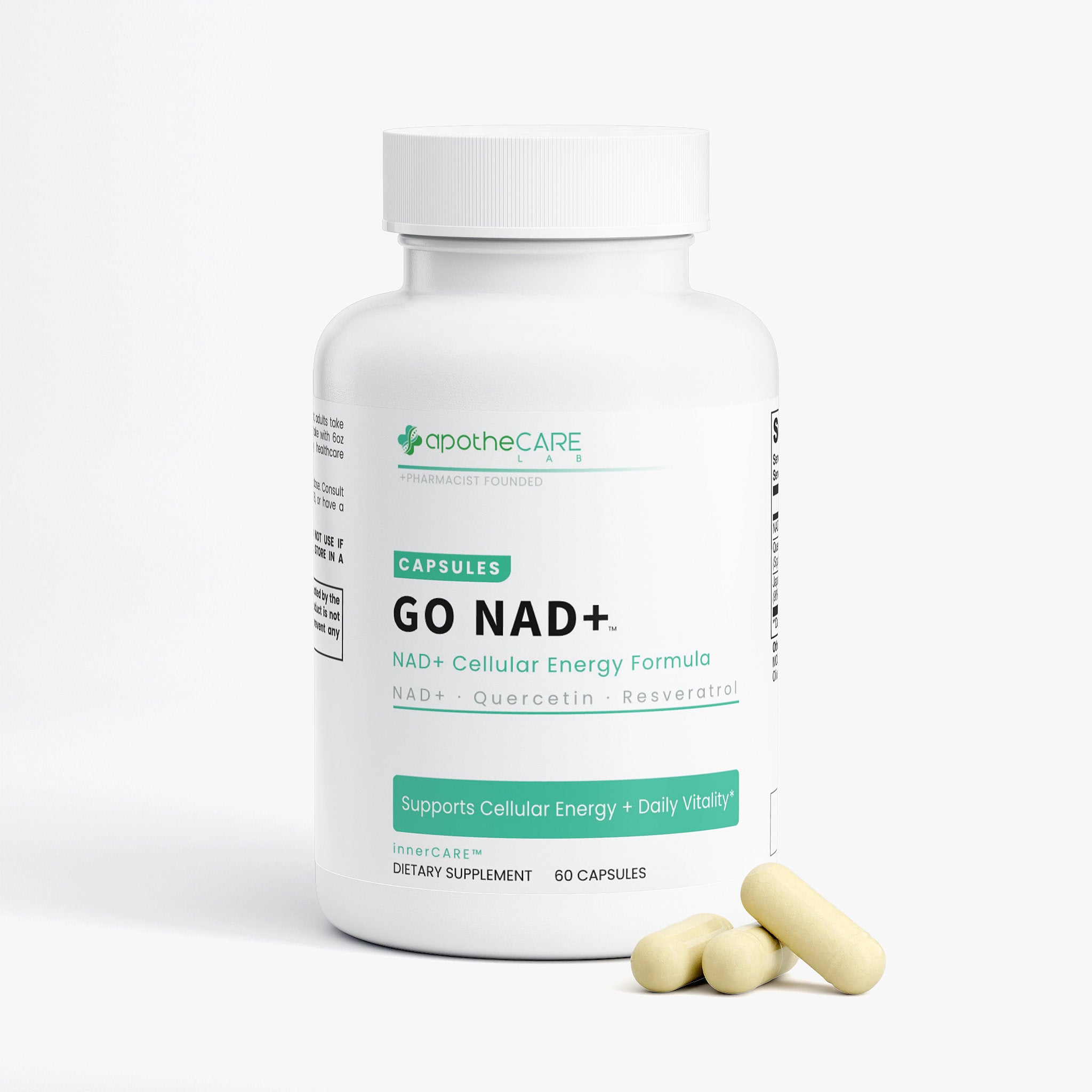 A white bottle of apothecare GO NAD+ dietary supplement capsules with three pale yellow capsules resting in front, set against a clean white background.