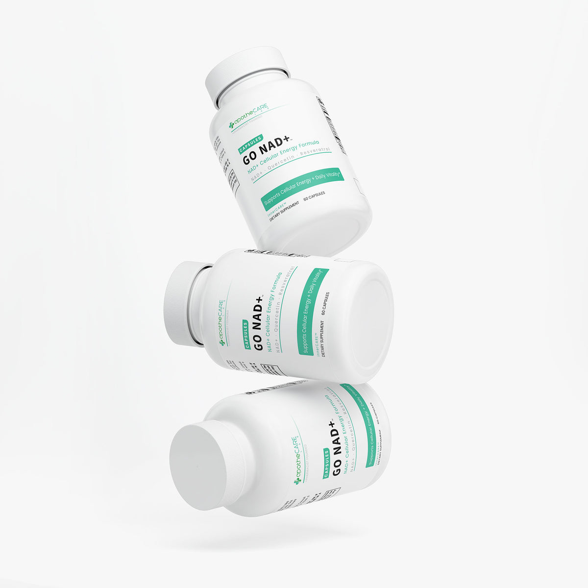 Three white supplement bottles labeled GO NAD+ floating in a staggered arrangement against a clean white background.