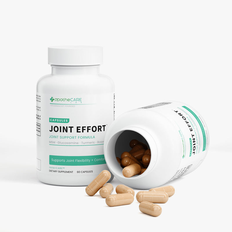 ApotheCARE Joint Effort dietary supplement bottle with open cap showing capsules on a white background