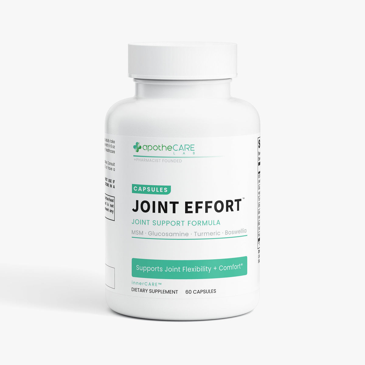 A white bottle of ApotheCare Joint Effort Joint Support Formula dietary supplement capsules, shown on a clean white background.