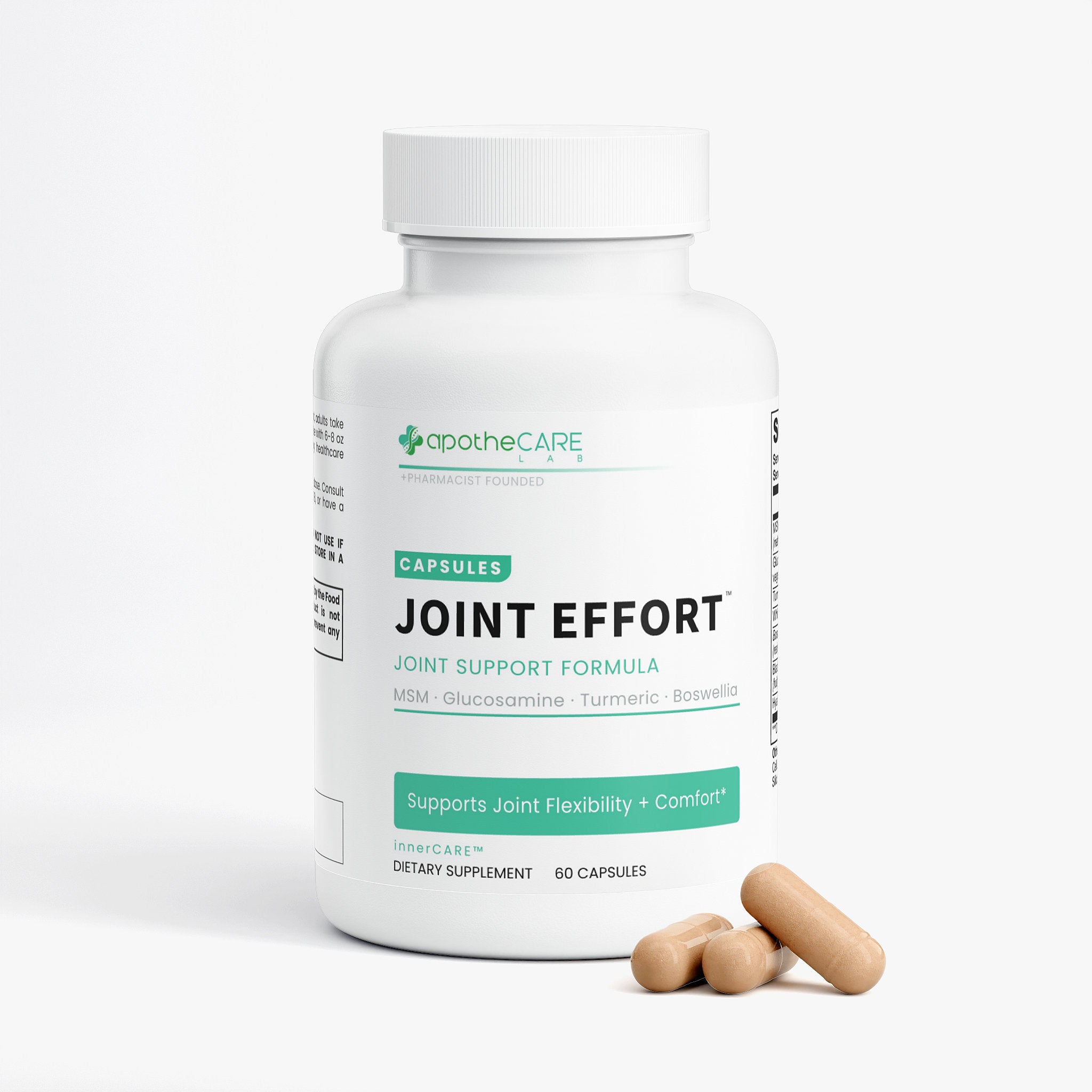 A white bottle of ApotheCare Joint Effort dietary supplement capsules with three tan capsules placed in front, on a clean white background.