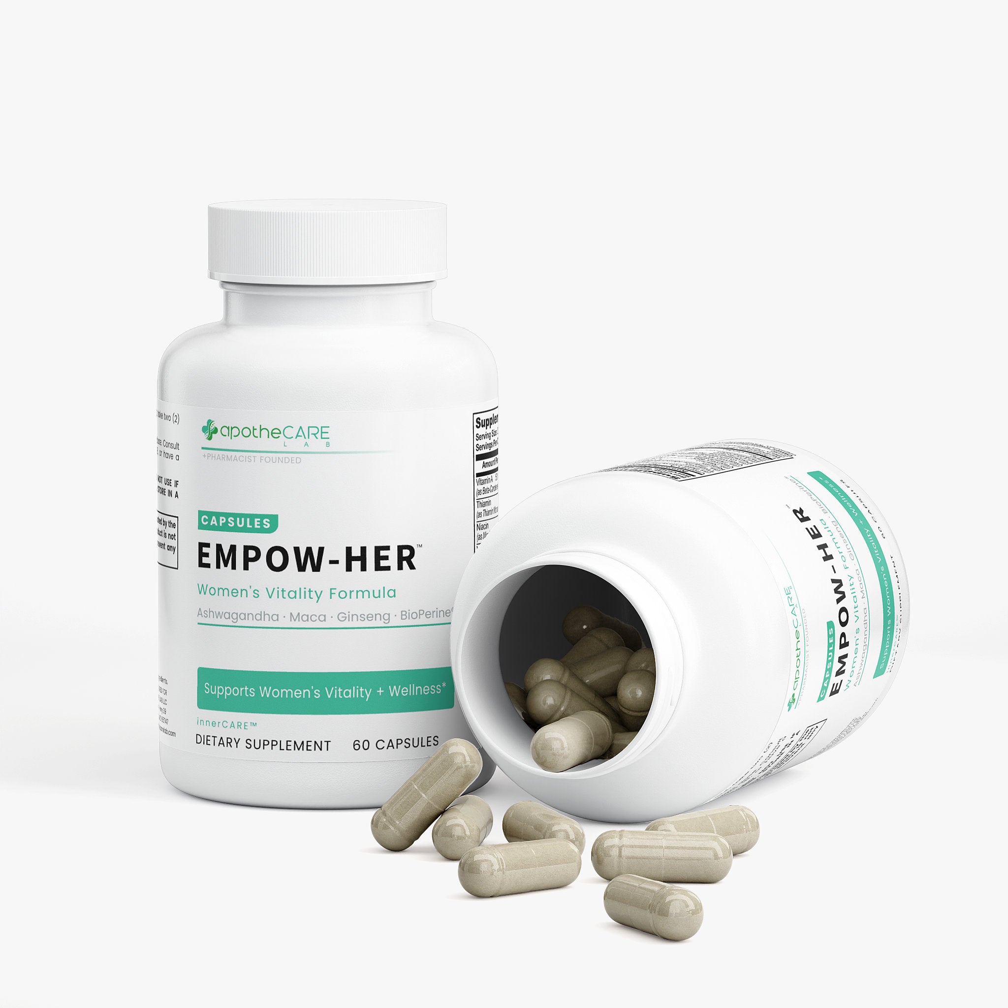 A white bottle of apotheCARE Empow-Her dietary supplement capsules stands upright next to another tipped-over bottle showing loose capsules inside, with several capsules scattered in front on a light gray background.