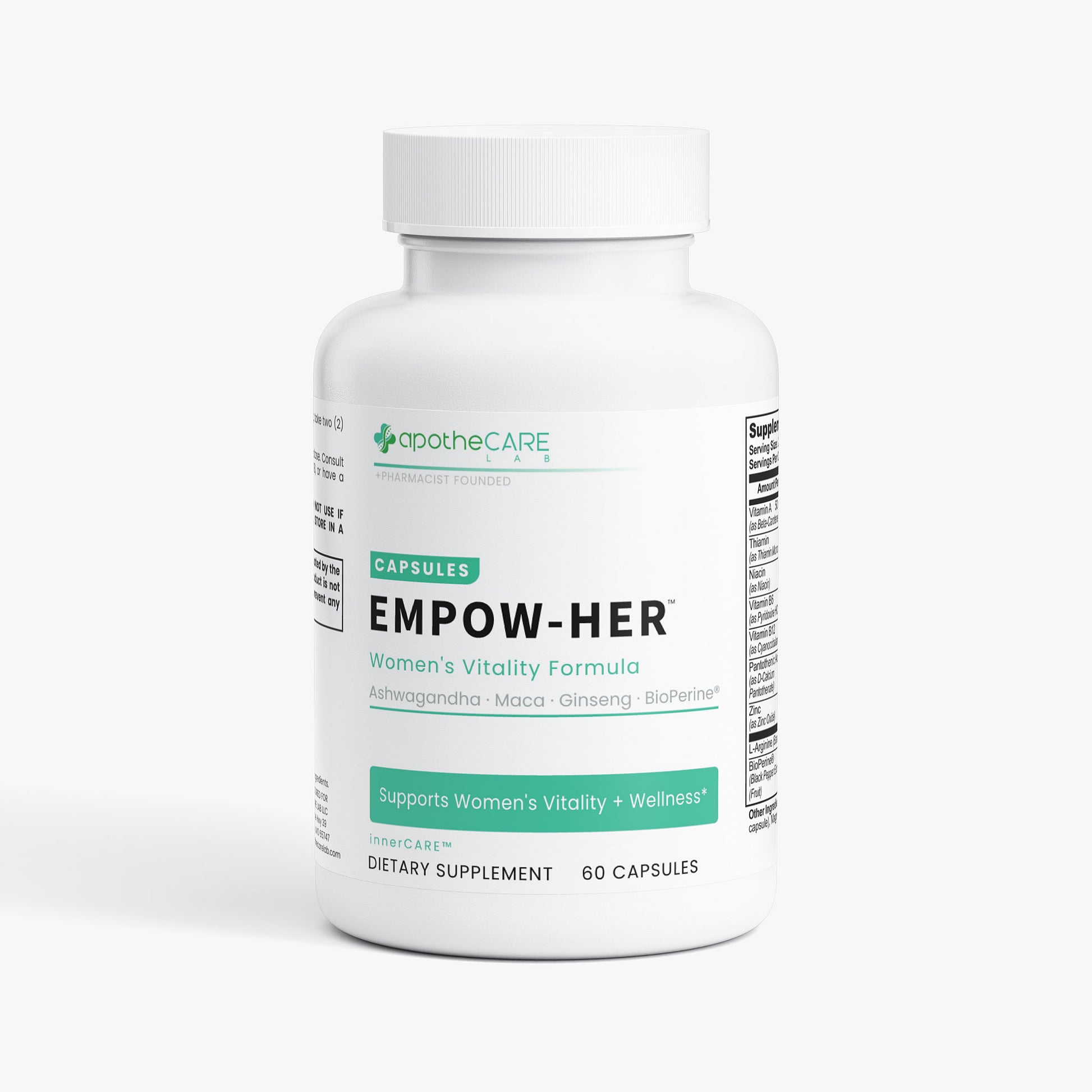 A white bottle of apotheCARE EMPOW-HER dietary supplement capsules on a light gray background.