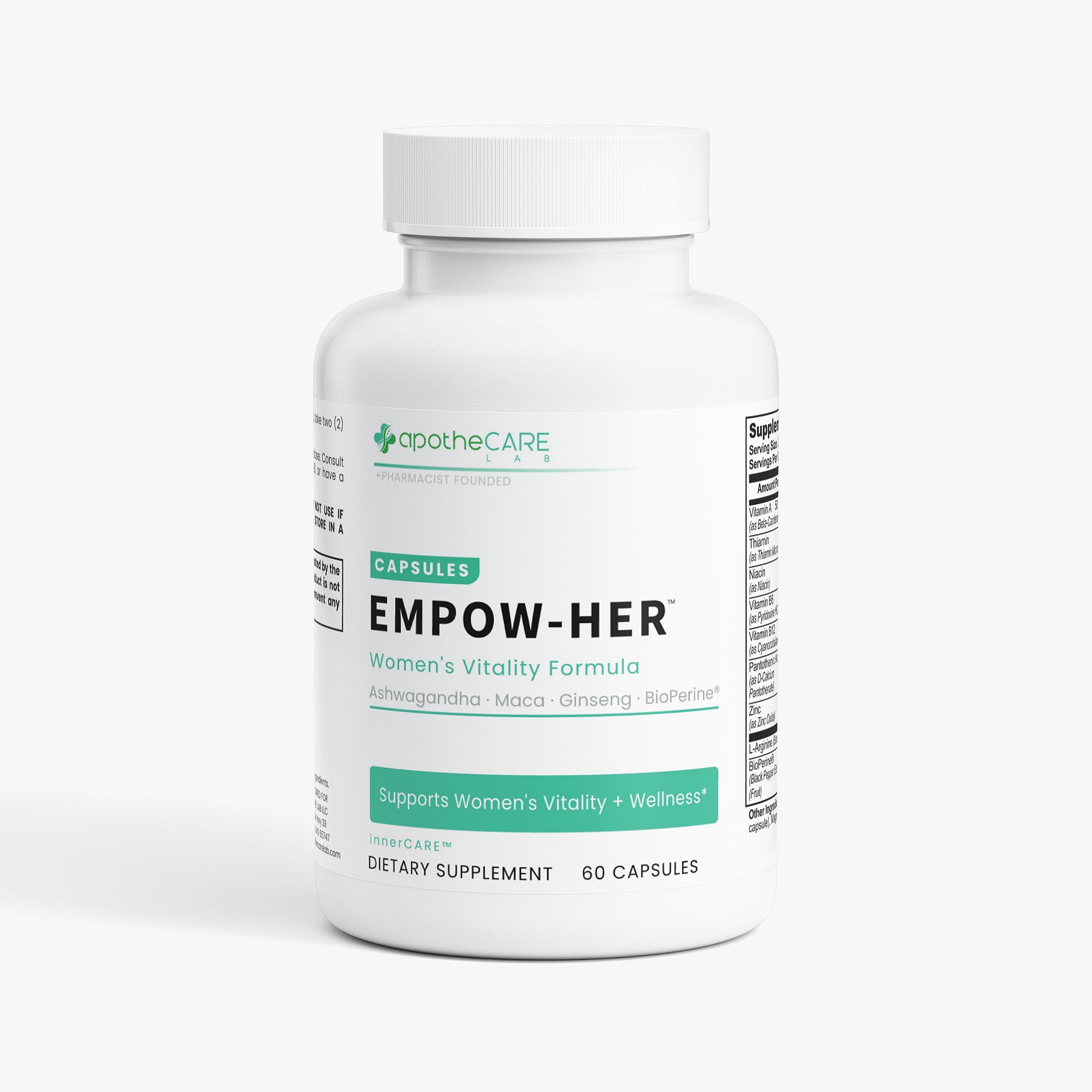 A white bottle of apotheCARE EMPOW-HER dietary supplement capsules on a light gray background.