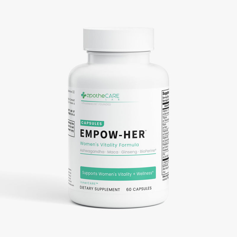 A white bottle of apotheCARE EMPOW-HER dietary supplement capsules on a light gray background.