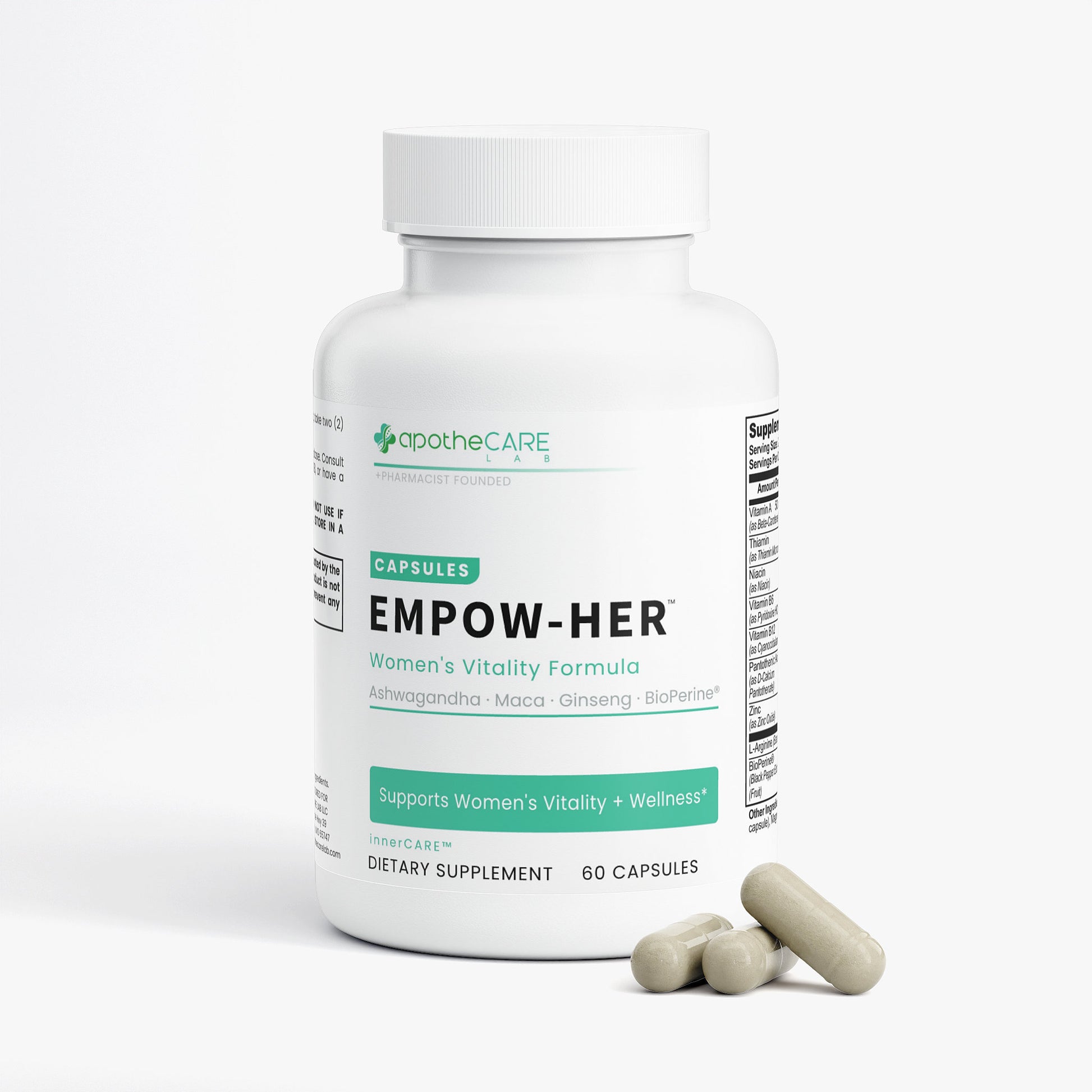 A white bottle of ApotheCare Empow-Her dietary supplement capsules with three capsules placed in front on a clean white background.