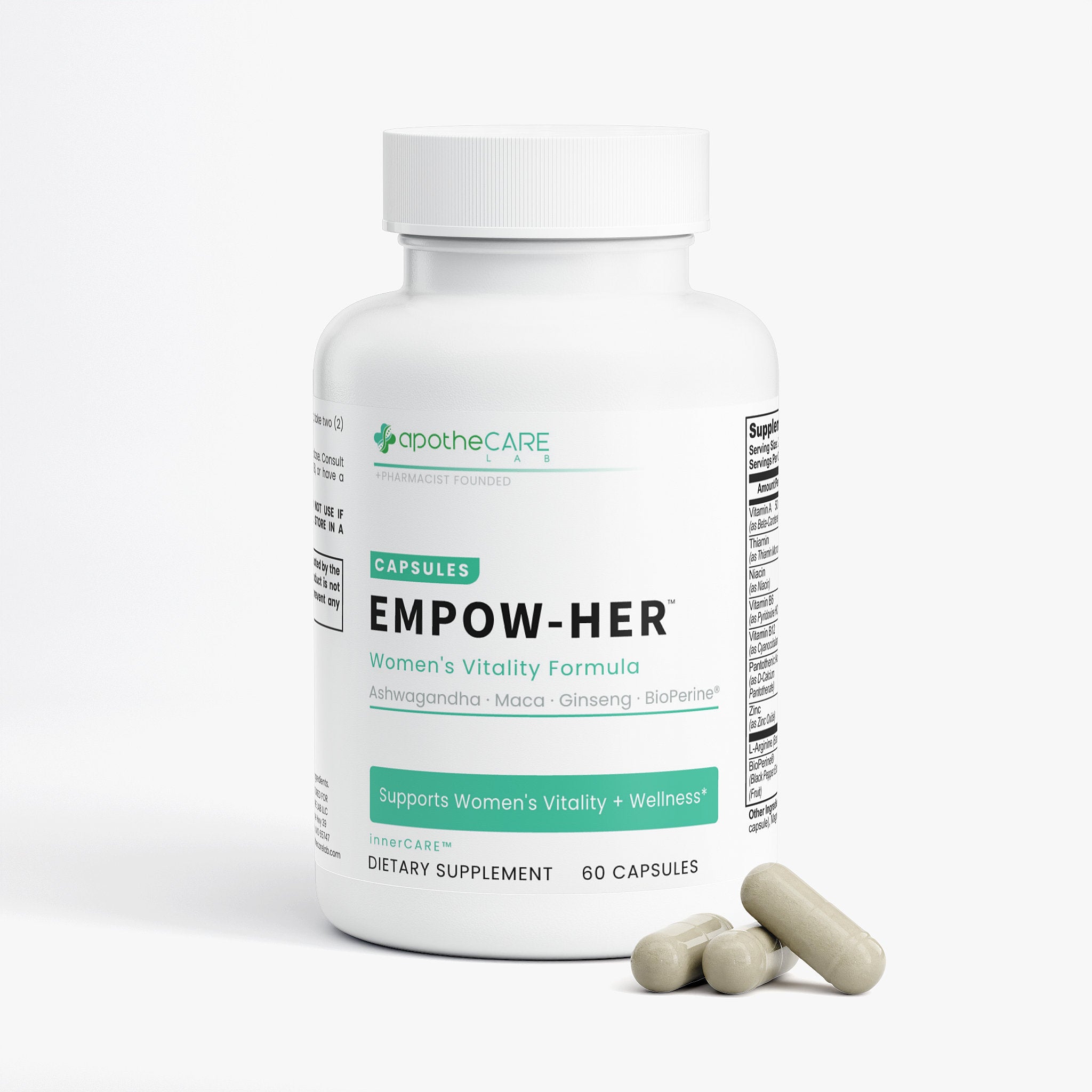 A white bottle of ApotheCare Empow-Her dietary supplement capsules with three capsules placed in front on a clean white background.