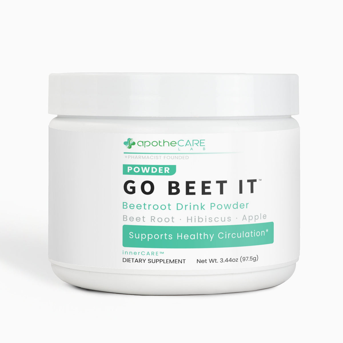 A white plastic jar of apotheCARE Lab Go Beet It Beetroot Drink Powder on a clean white background.