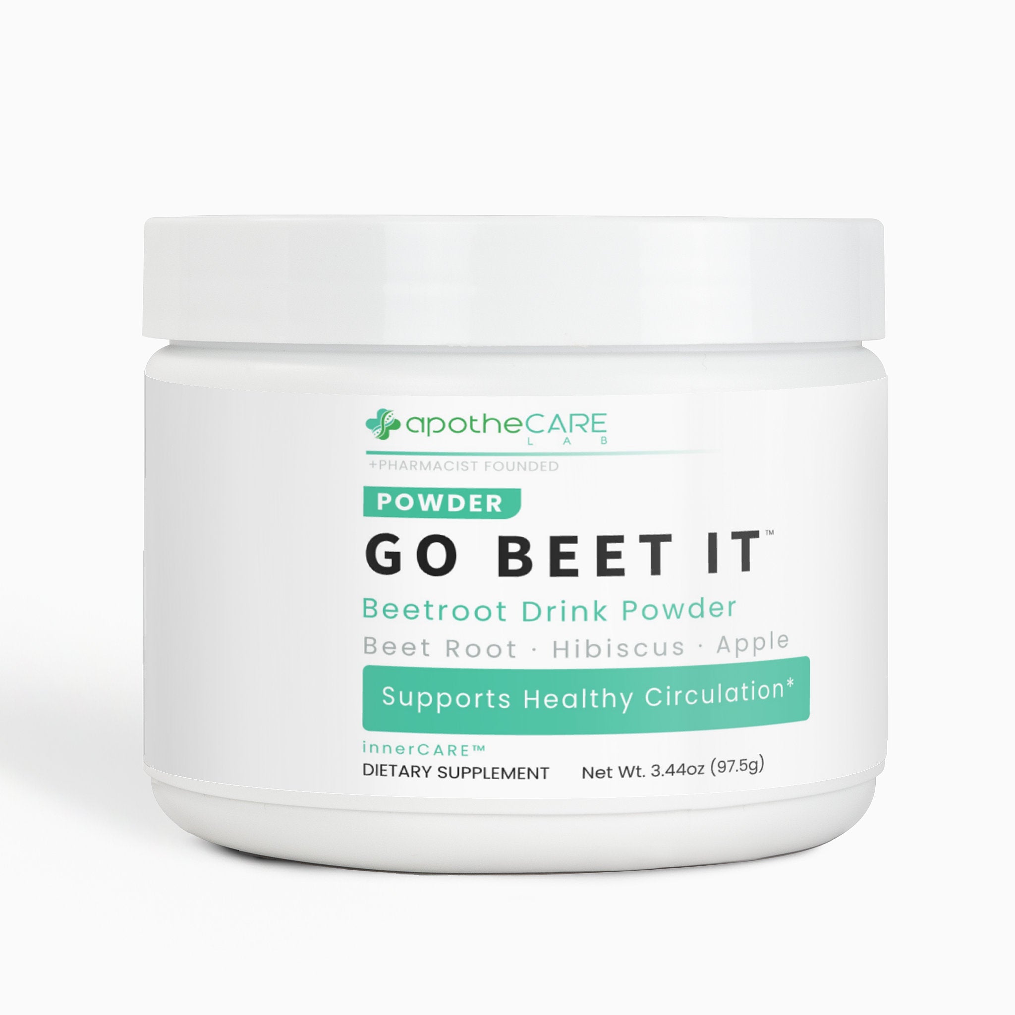 A white plastic jar of apotheCARE Lab Go Beet It Beetroot Drink Powder on a clean white background.