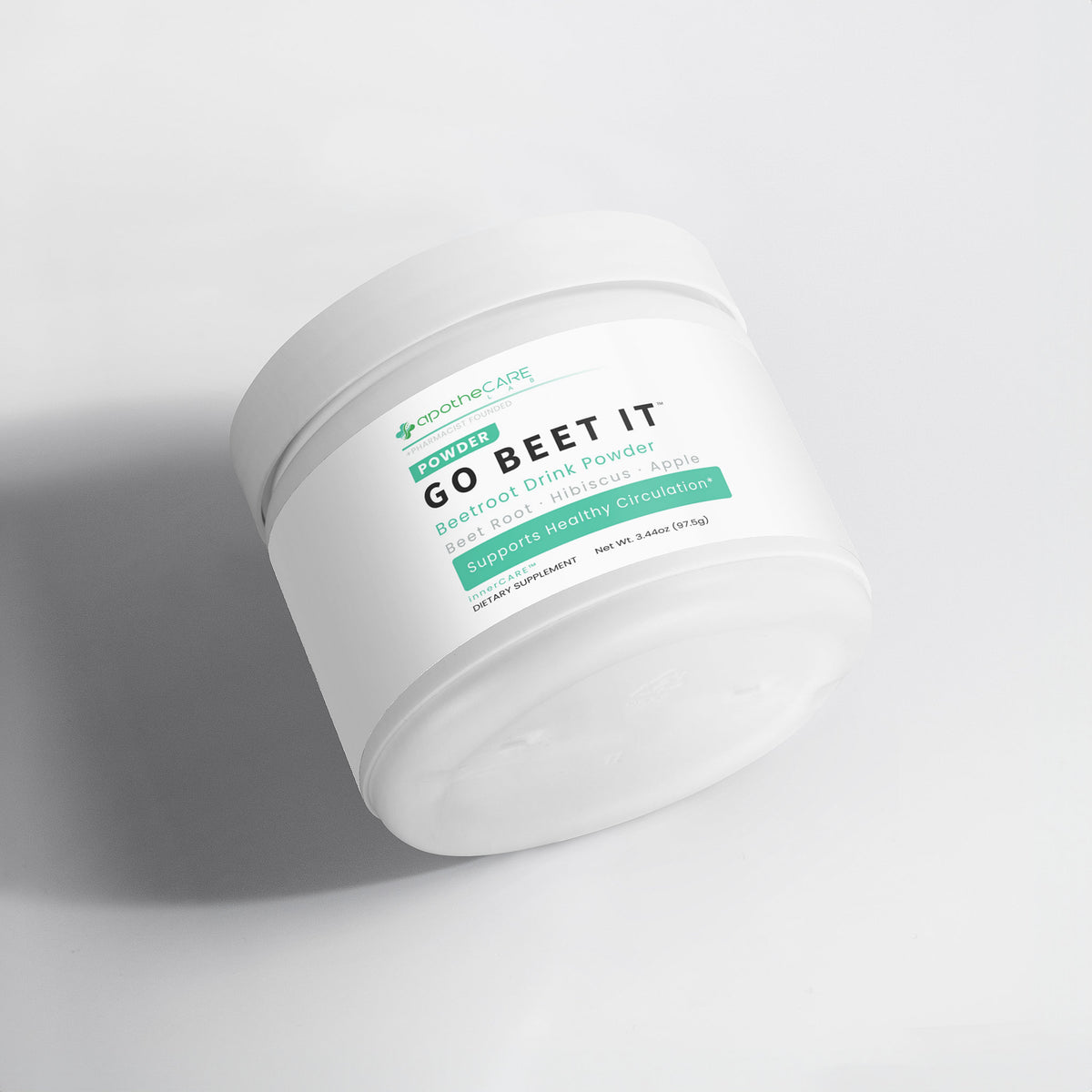 A white plastic tub of apotheCARE LAB Go Beet It Beetroot Drink Powder, shown at an angle on a light gray background with a soft shadow.