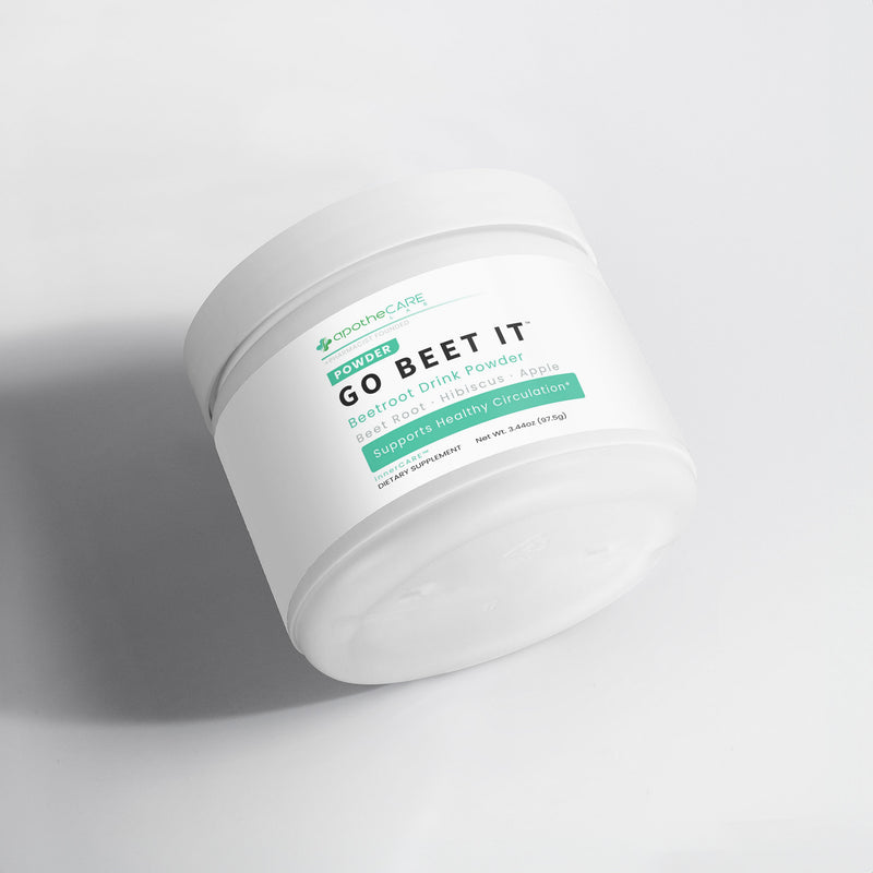 A white plastic tub of apotheCARE LAB Go Beet It Beetroot Drink Powder, shown at an angle on a light gray background with a soft shadow.